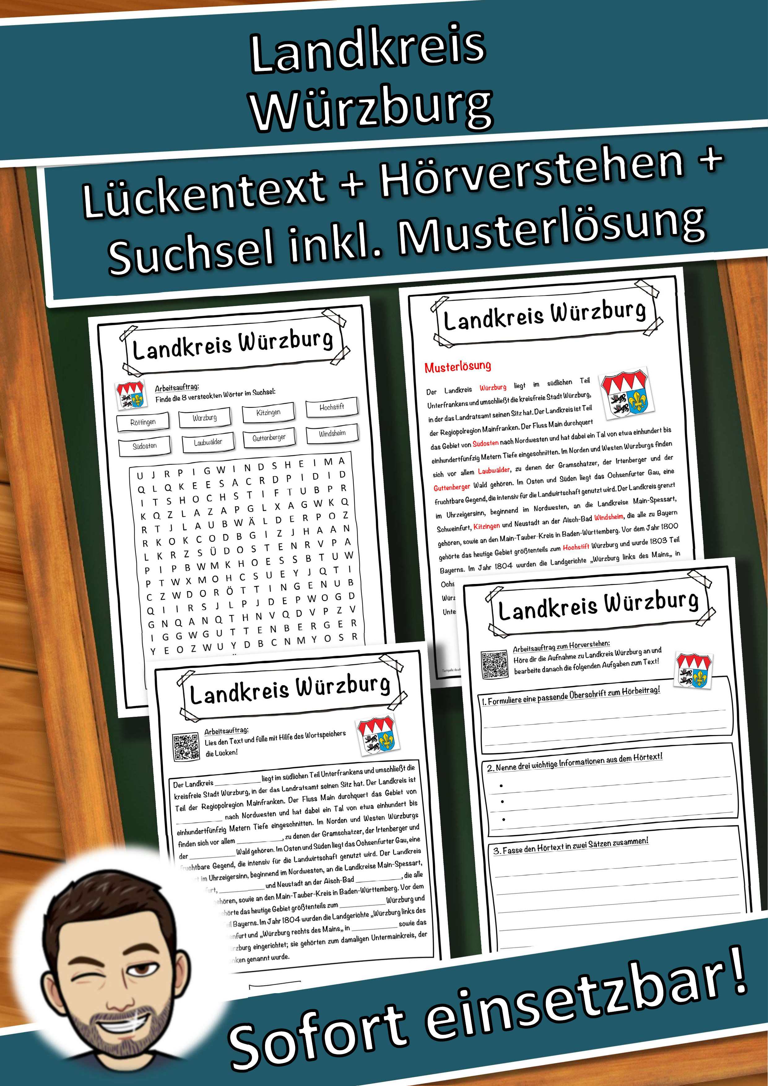 Landkreis Würzburg Lückentext mit Wortspeicher Hörverstehen und Suchsel