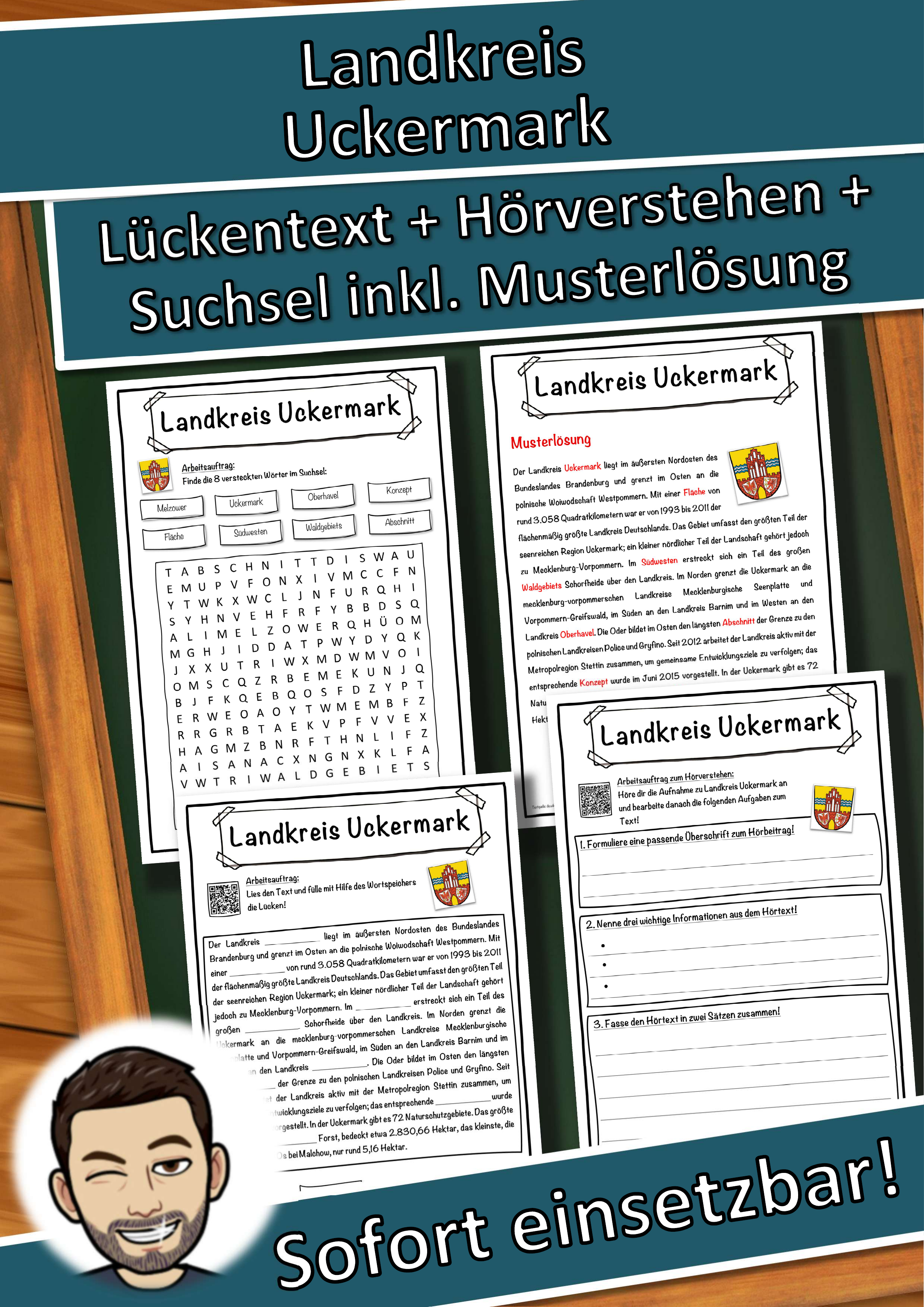 Landkreis Uckermark Lückentext mit Wortspeicher Hörverstehen und Suchsel