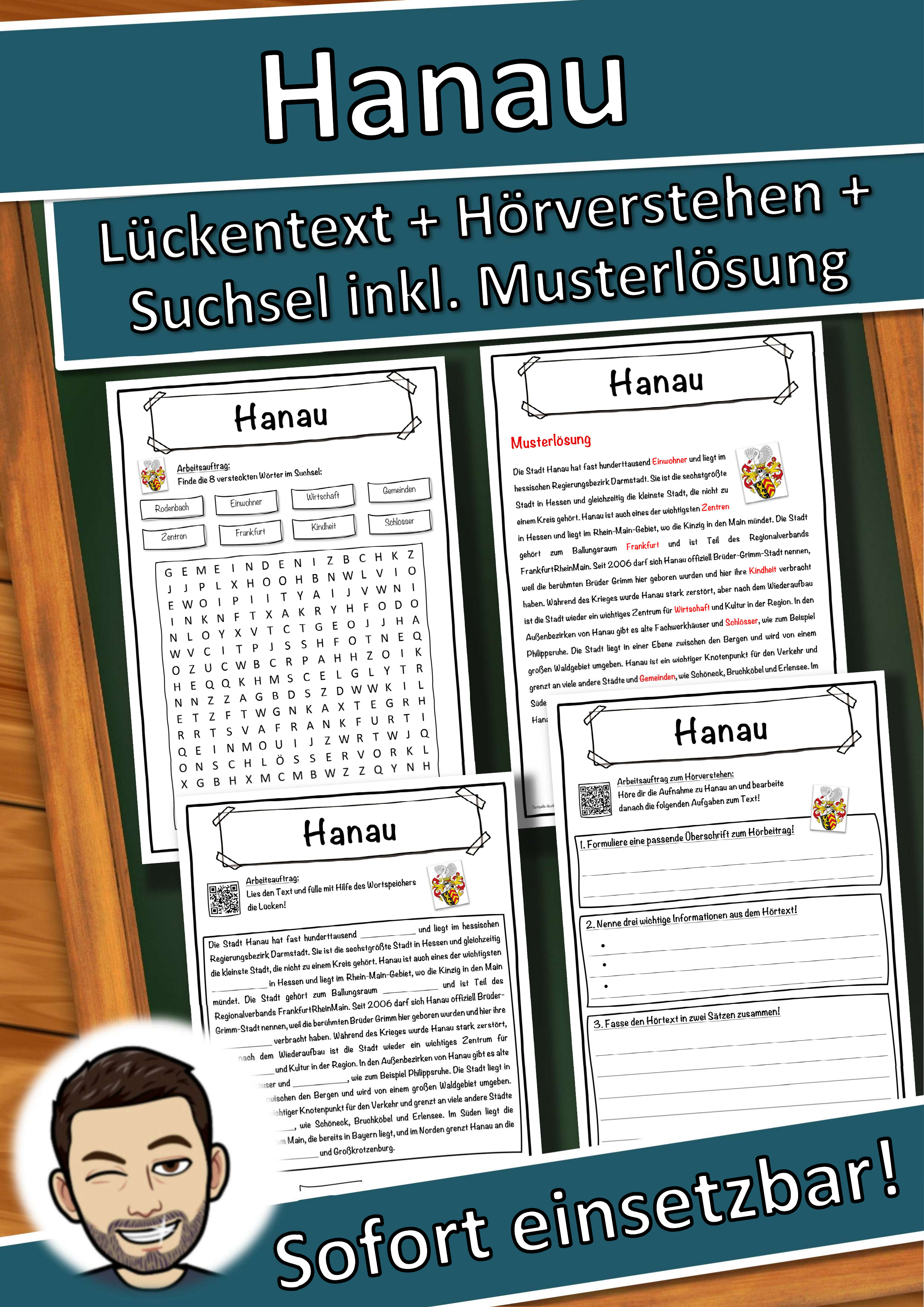 Hanau Lückentext mit Wortspeicher Hörverstehen und Suchsel
