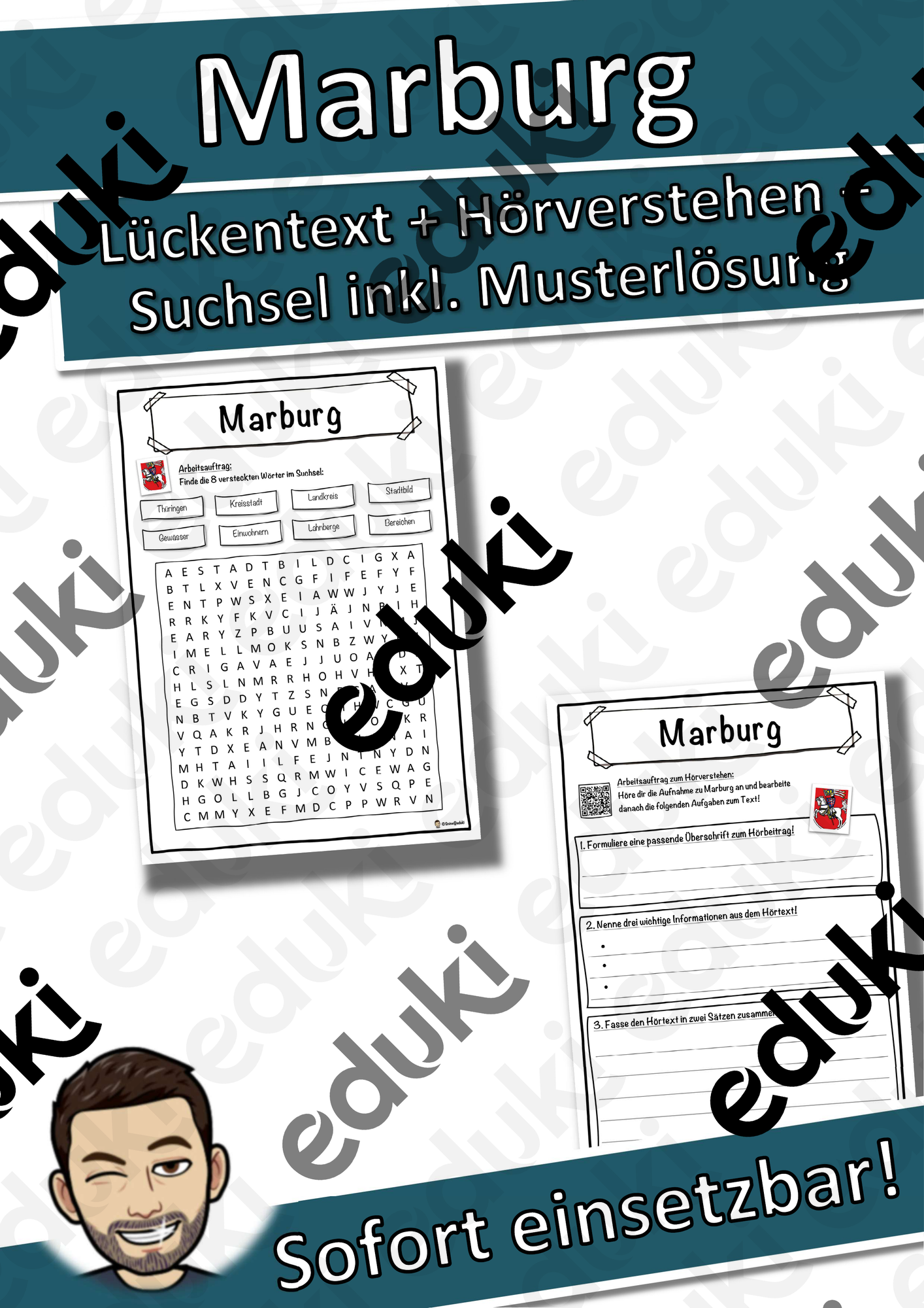 Marburg Lückentext mit Wortspeicher Hörverstehen und Suchsel