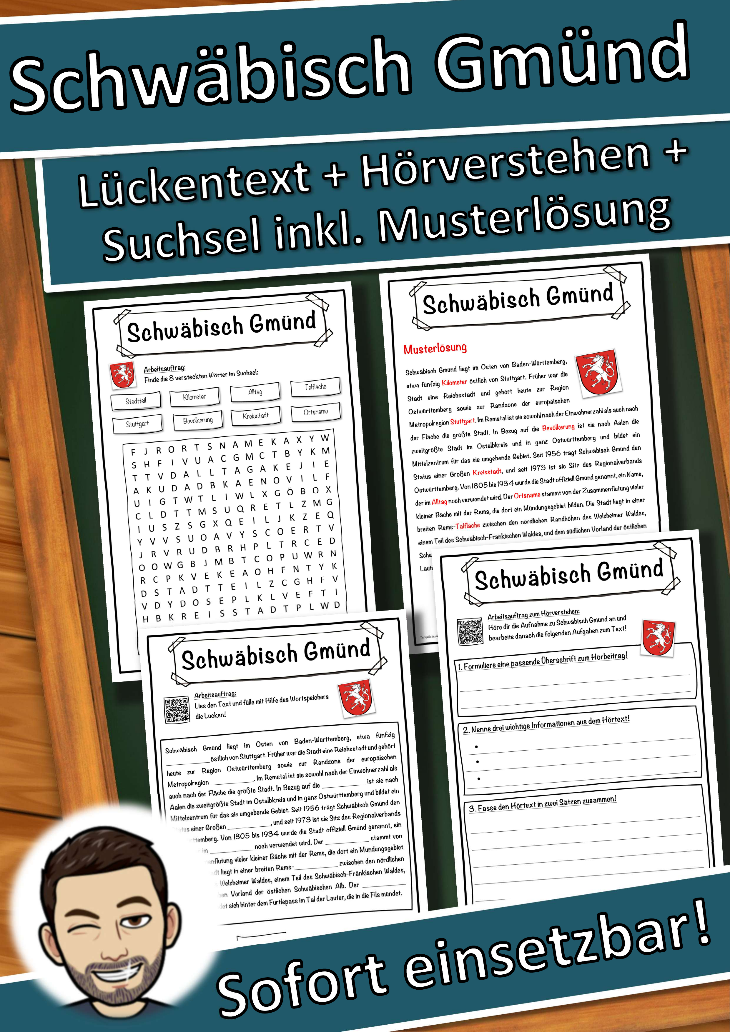 Schwäbisch Gmünd Lückentext mit Wortspeicher Hörverstehen und Suchsel