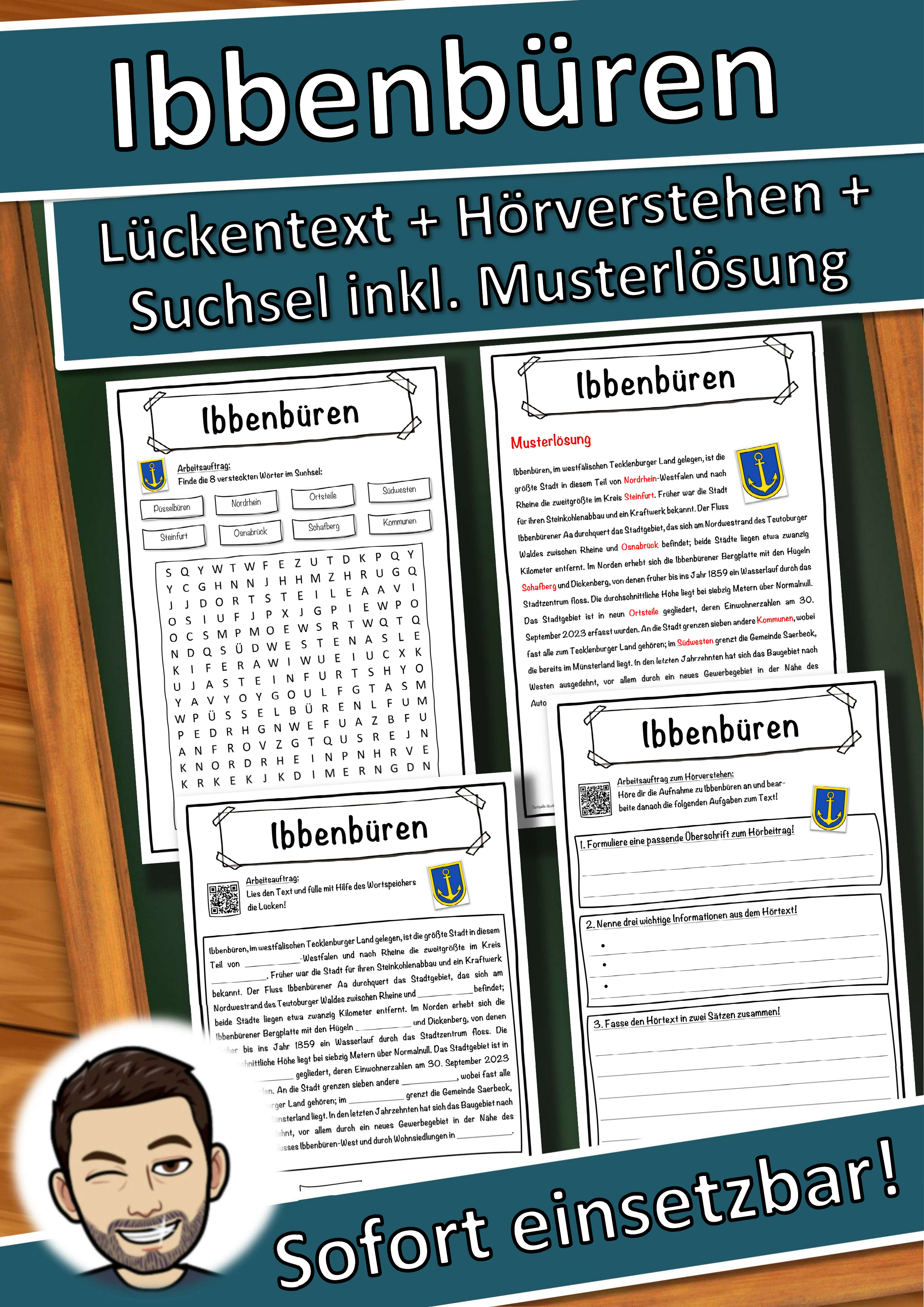 Ibbenbüren Lückentext mit Wortspeicher Hörverstehen und Suchsel