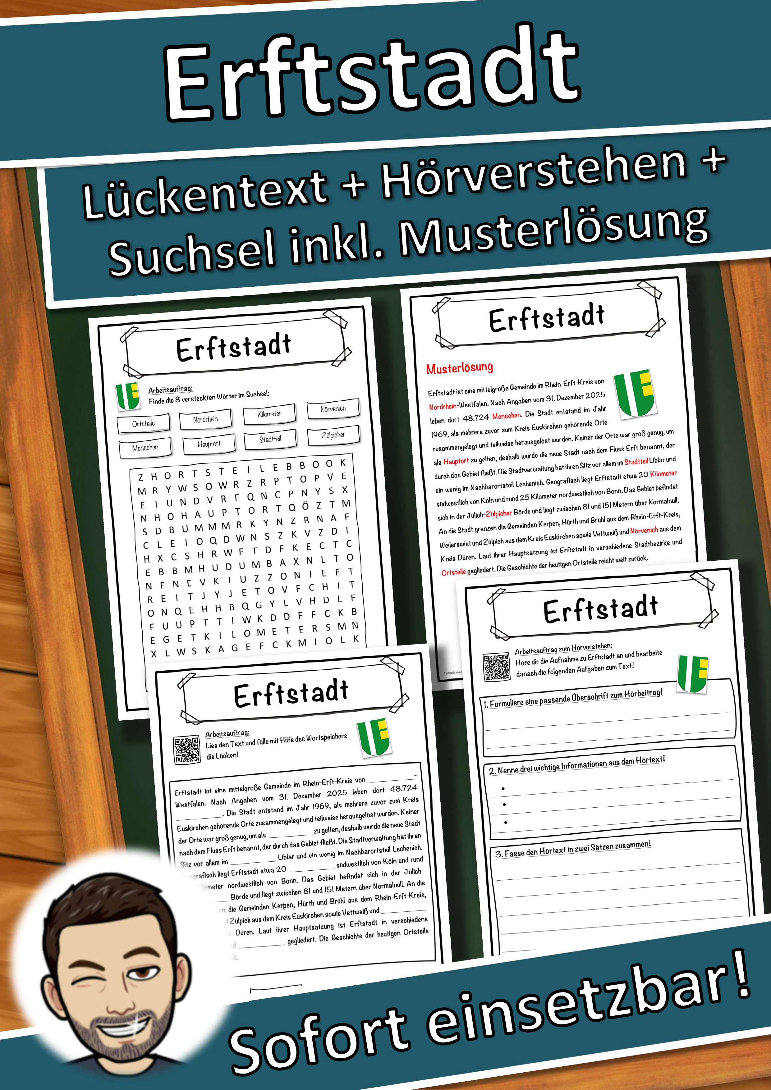 Erftstadt Lückentext mit Wortspeicher Hörverstehen und Suchsel