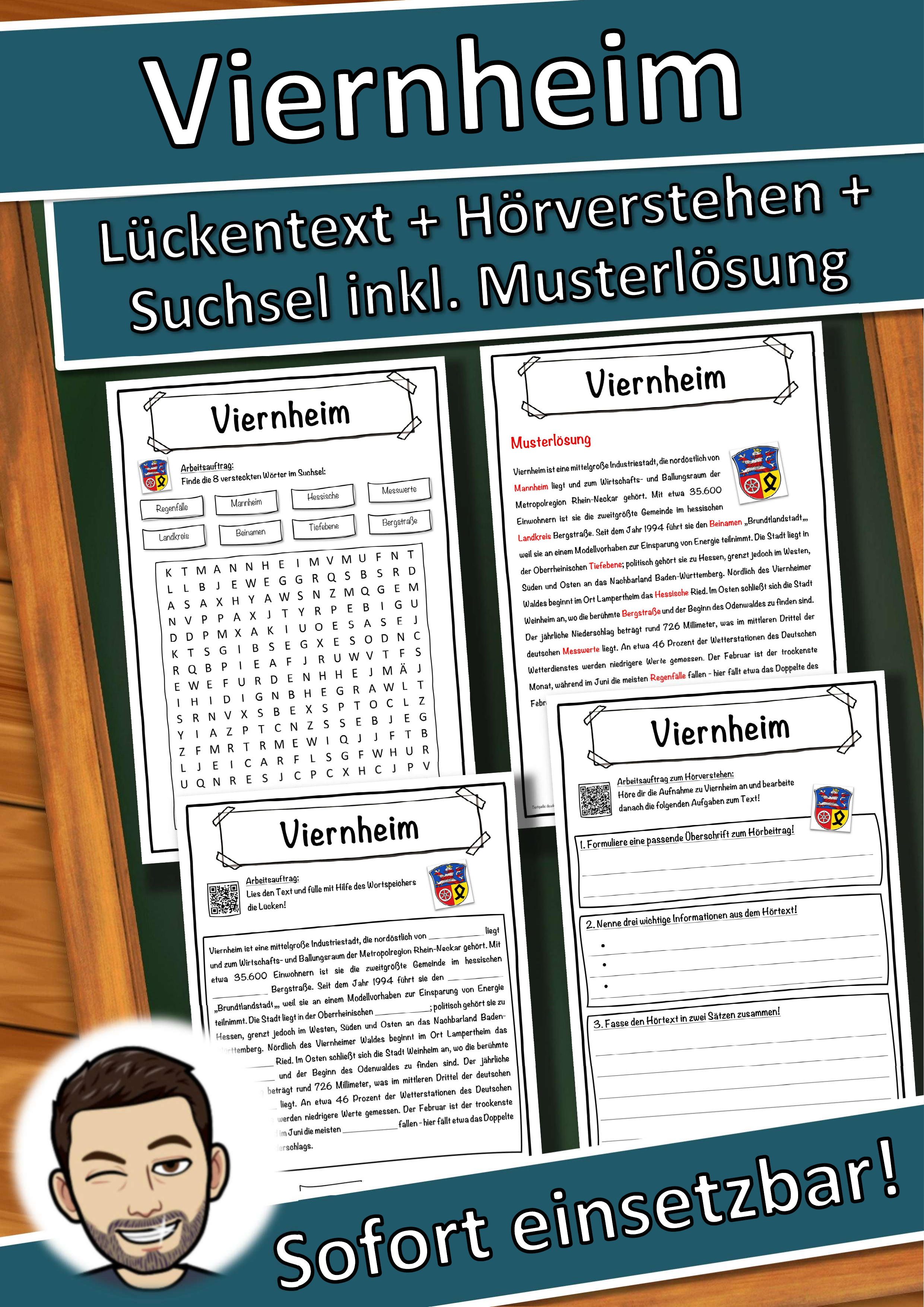 Viernheim Lückentext mit Wortspeicher Hörverstehen und Suchsel