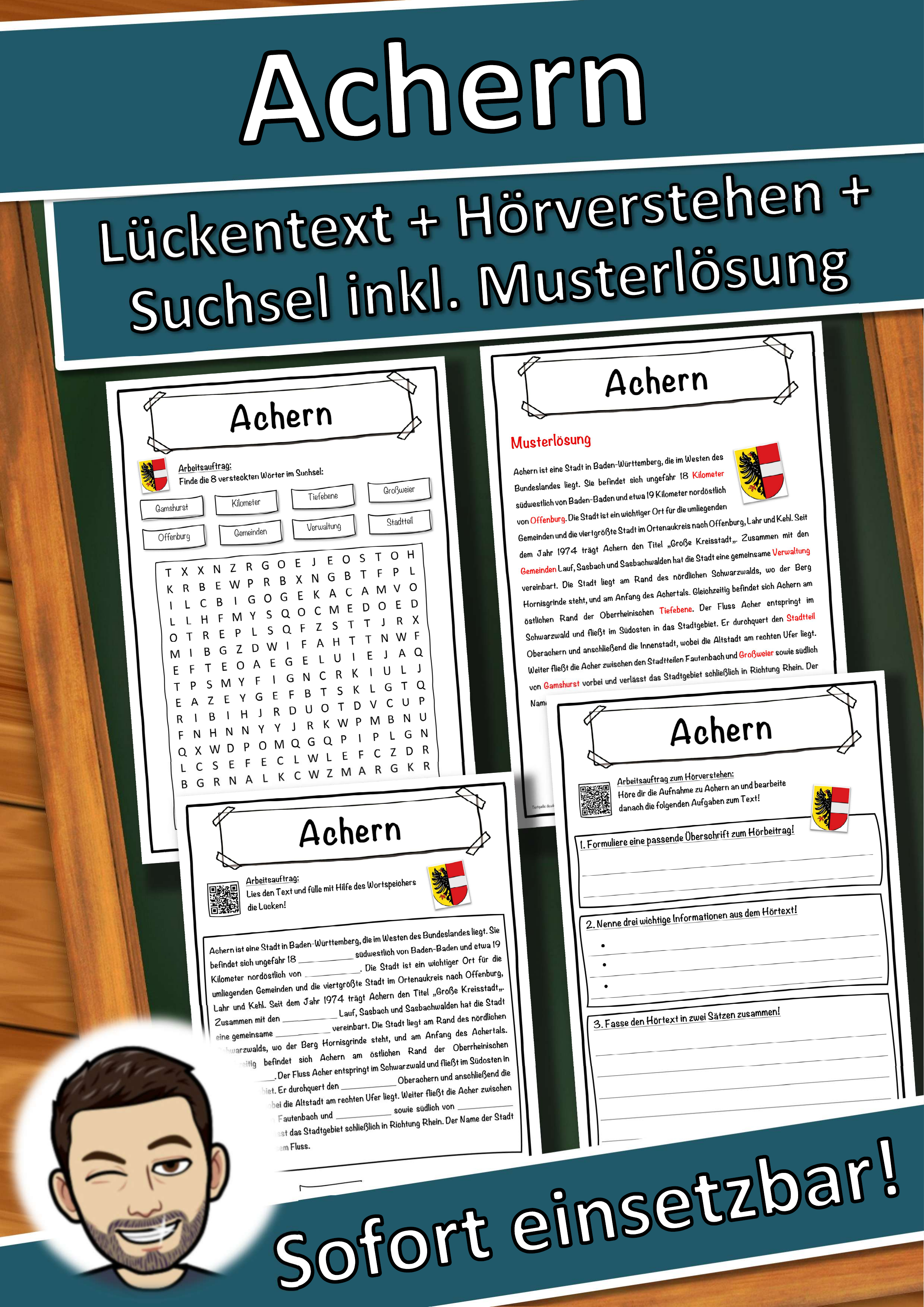 Achern Lückentext mit Wortspeicher Hörverstehen und Suchsel