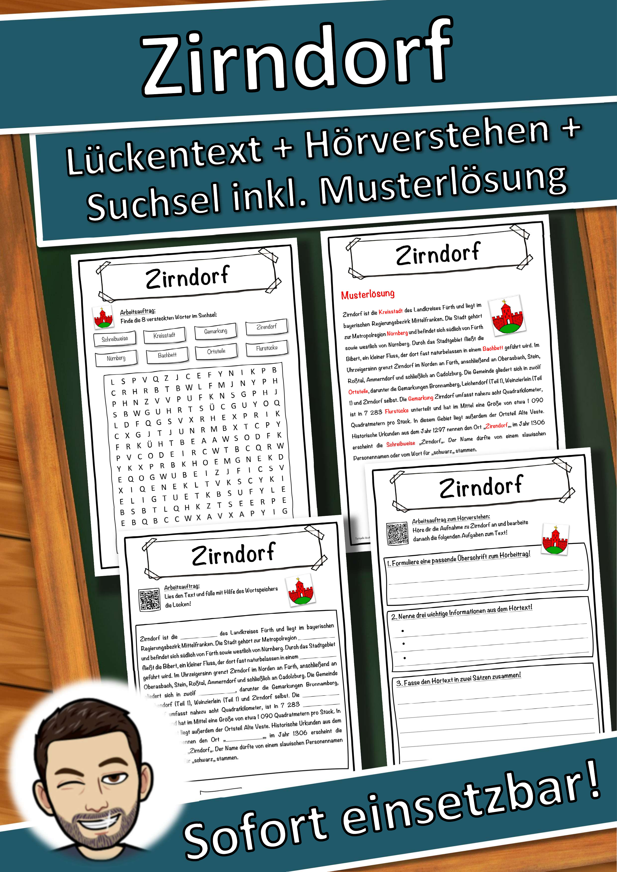 Zirndorf Lückentext mit Wortspeicher Hörverstehen und Suchsel