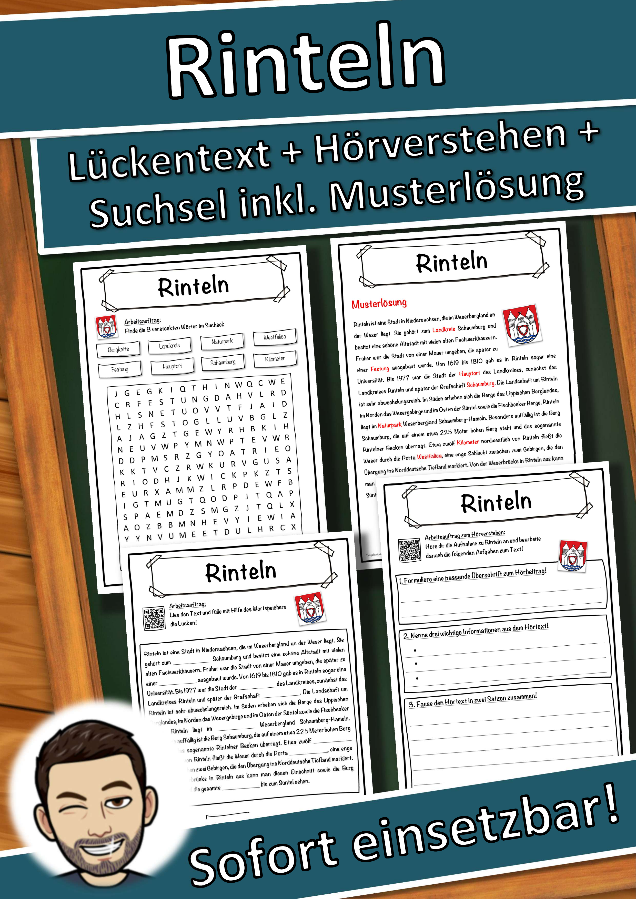 Rinteln Lückentext mit Wortspeicher Hörverstehen und Suchsel