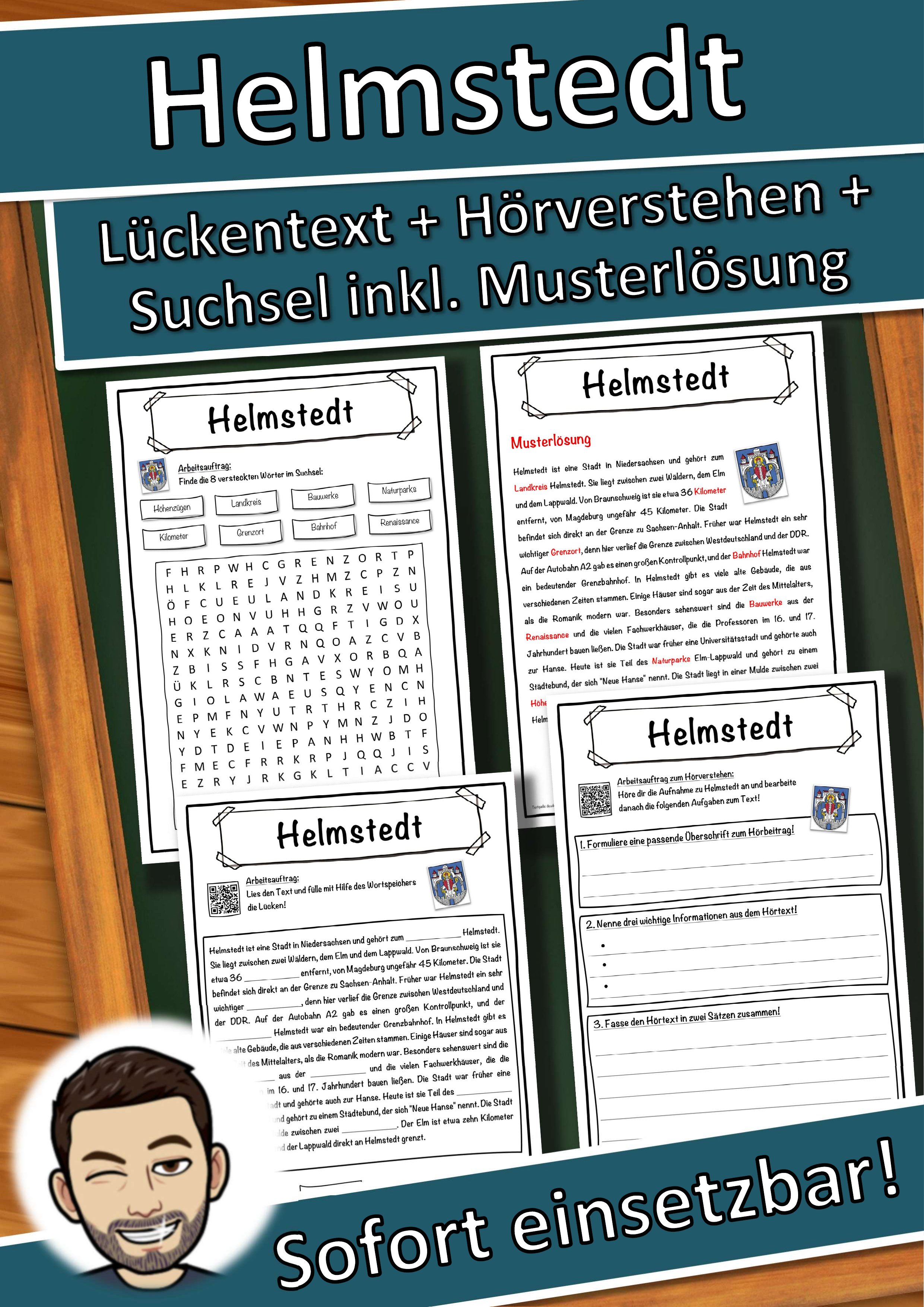 Helmstedt Lückentext mit Wortspeicher Hörverstehen und Suchsel