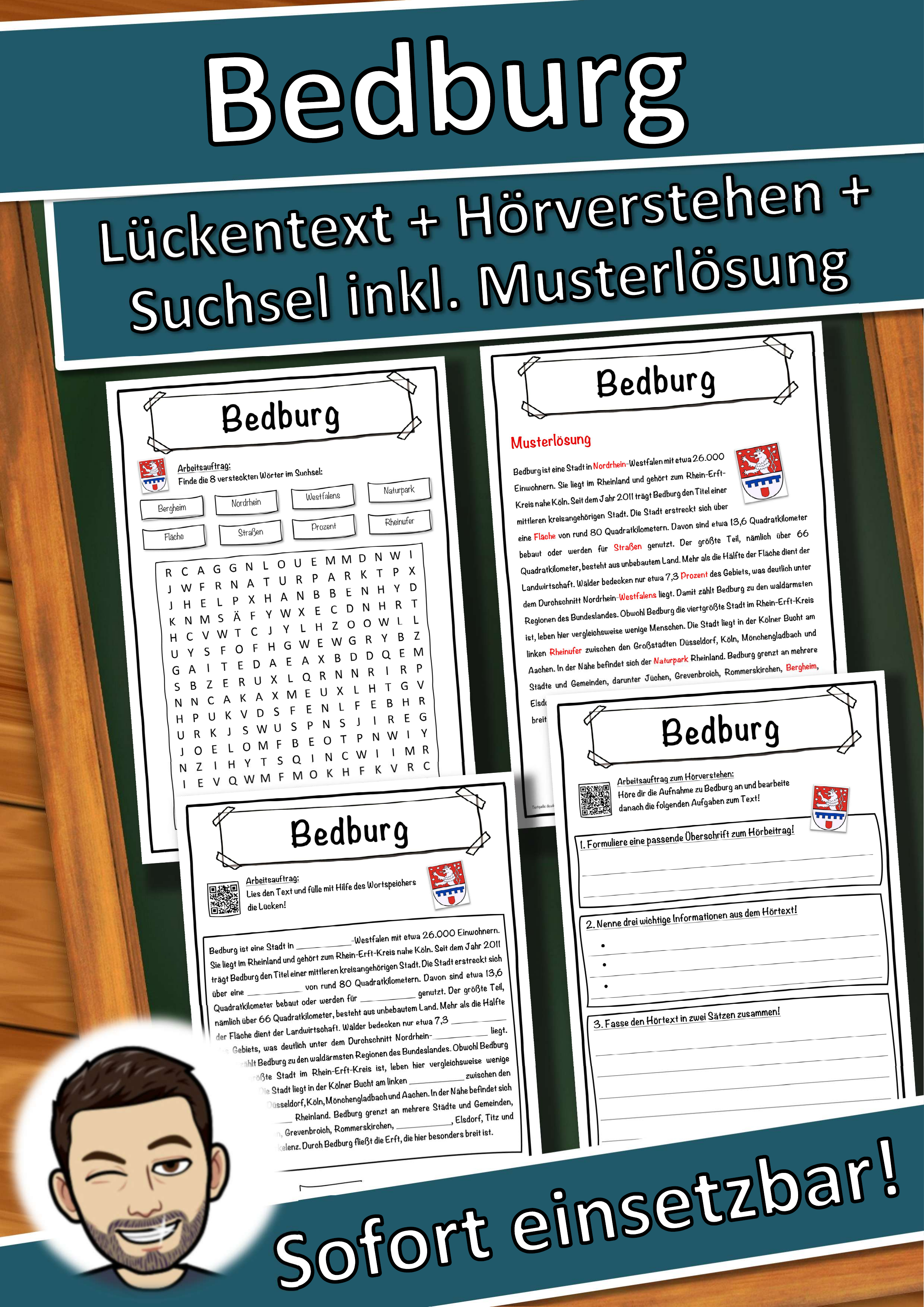 Bedburg Lückentext mit Wortspeicher Hörverstehen und Suchsel