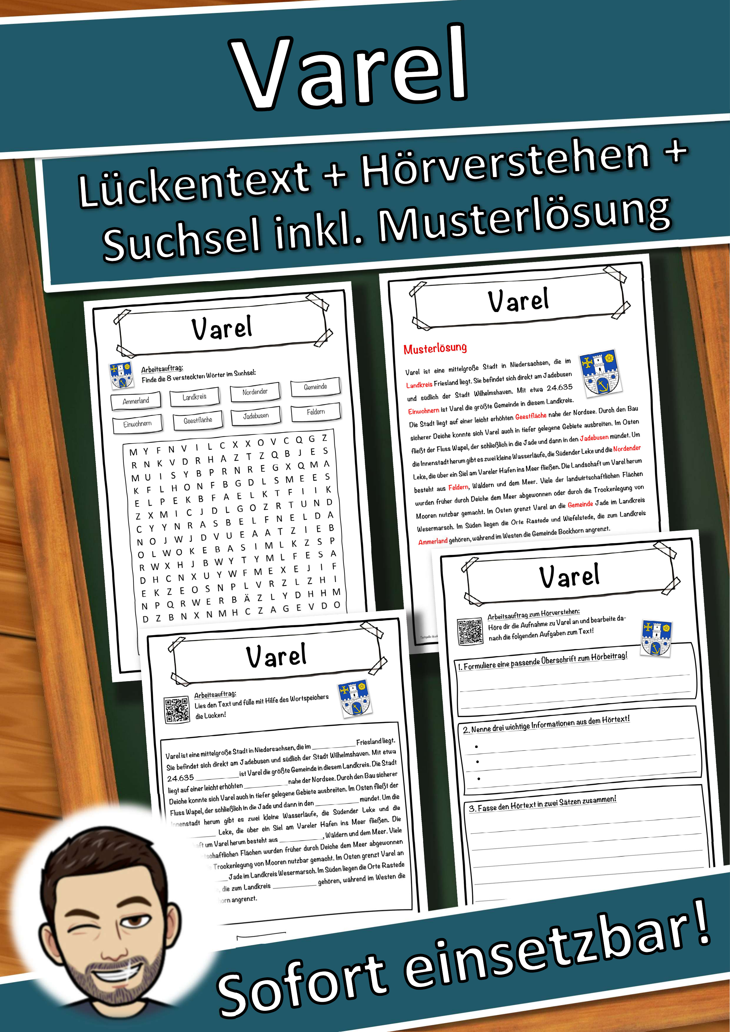 Varel Lückentext mit Wortspeicher Hörverstehen und Suchsel