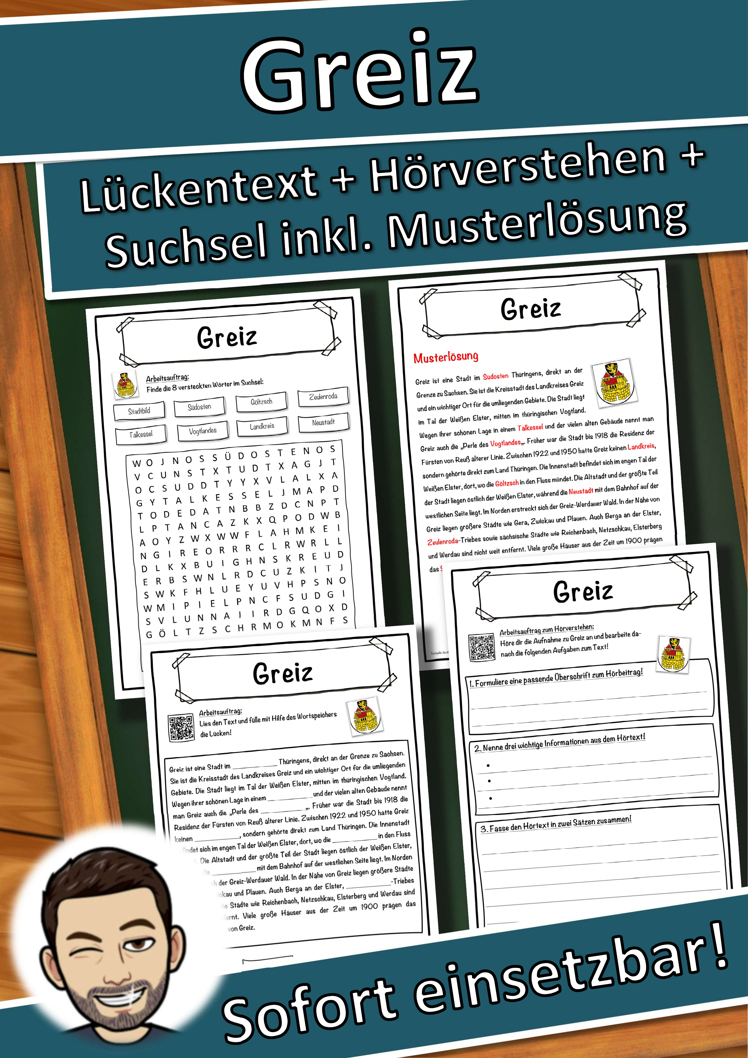 Greiz Lückentext mit Wortspeicher Hörverstehen und Suchsel