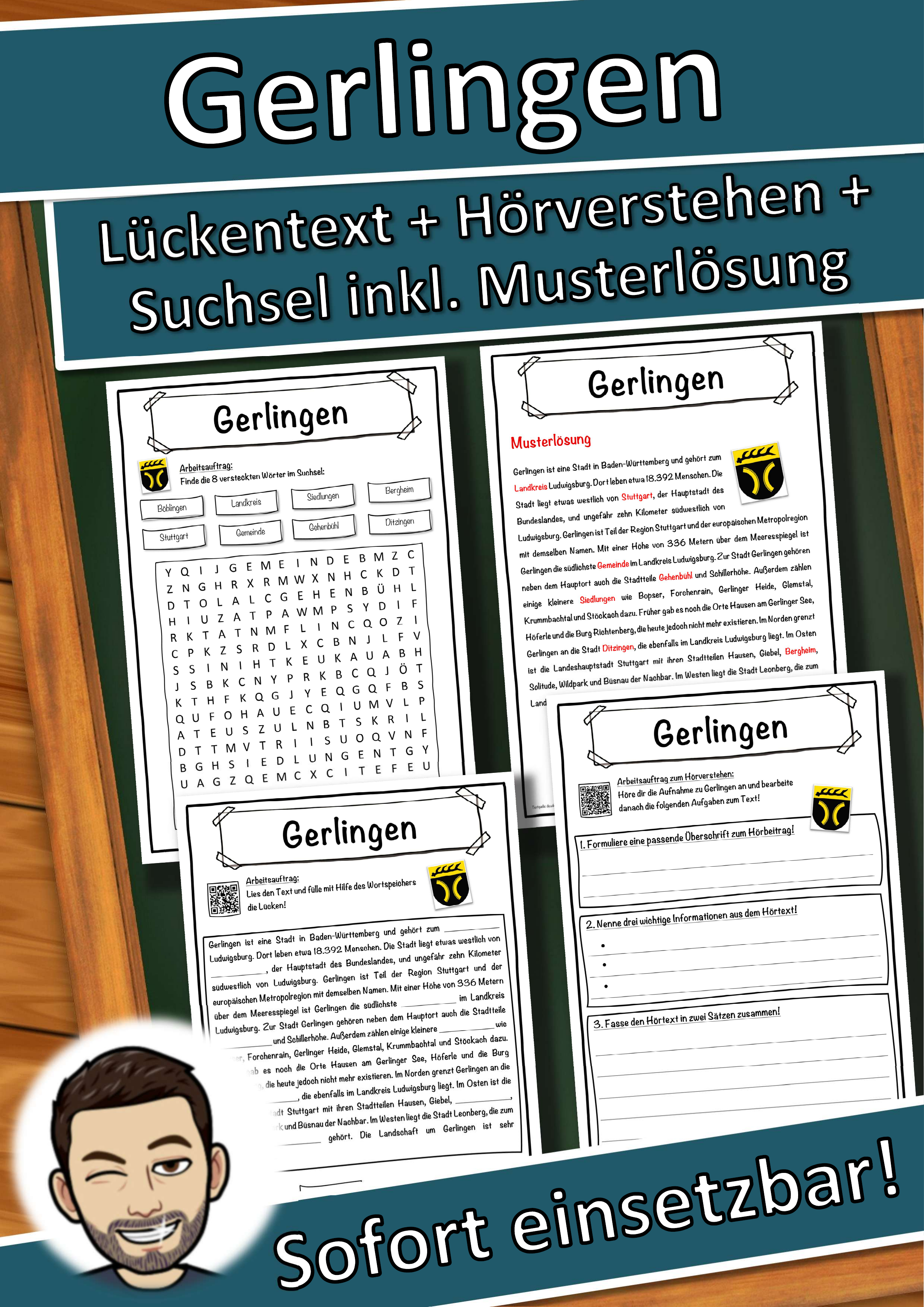 Gerlingen Lückentext mit Wortspeicher Hörverstehen und Suchsel