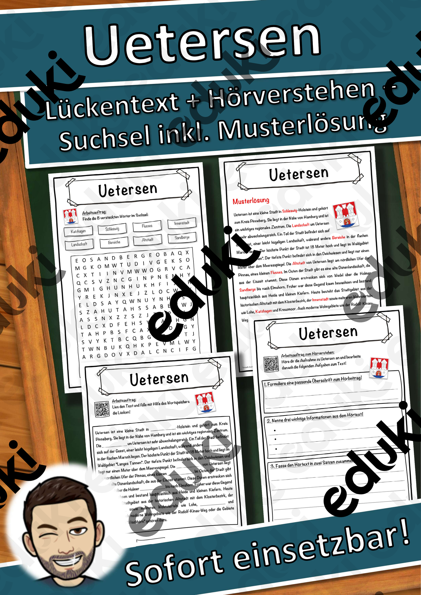 Uetersen Lückentext mit Wortspeicher Hörverstehen und Suchsel