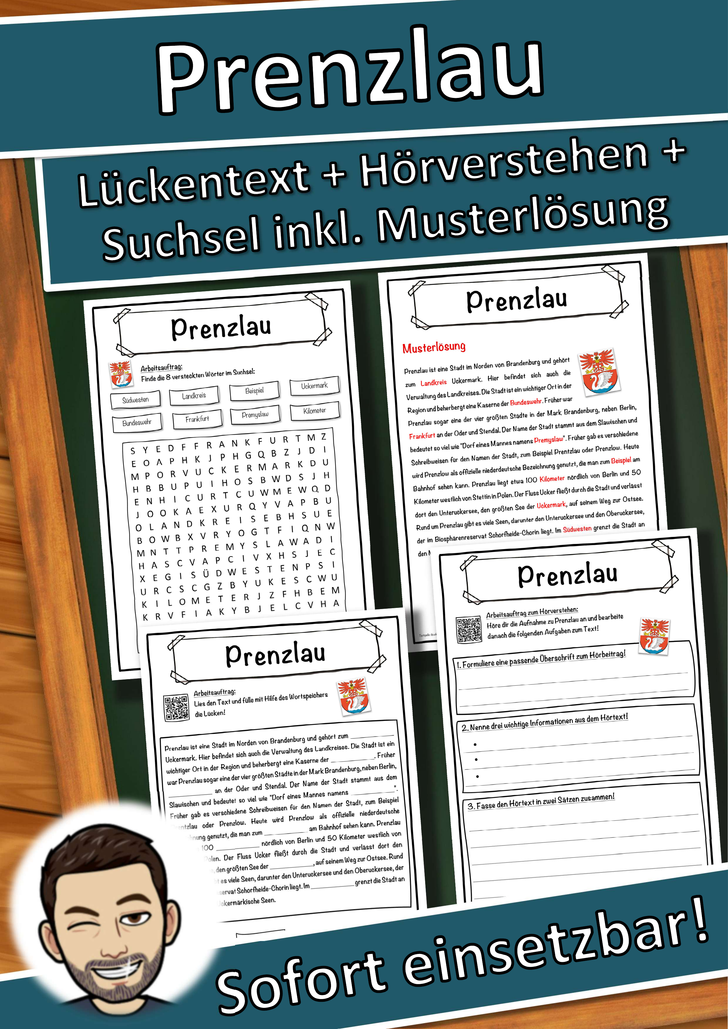 Prenzlau Lückentext mit Wortspeicher Hörverstehen und Suchsel