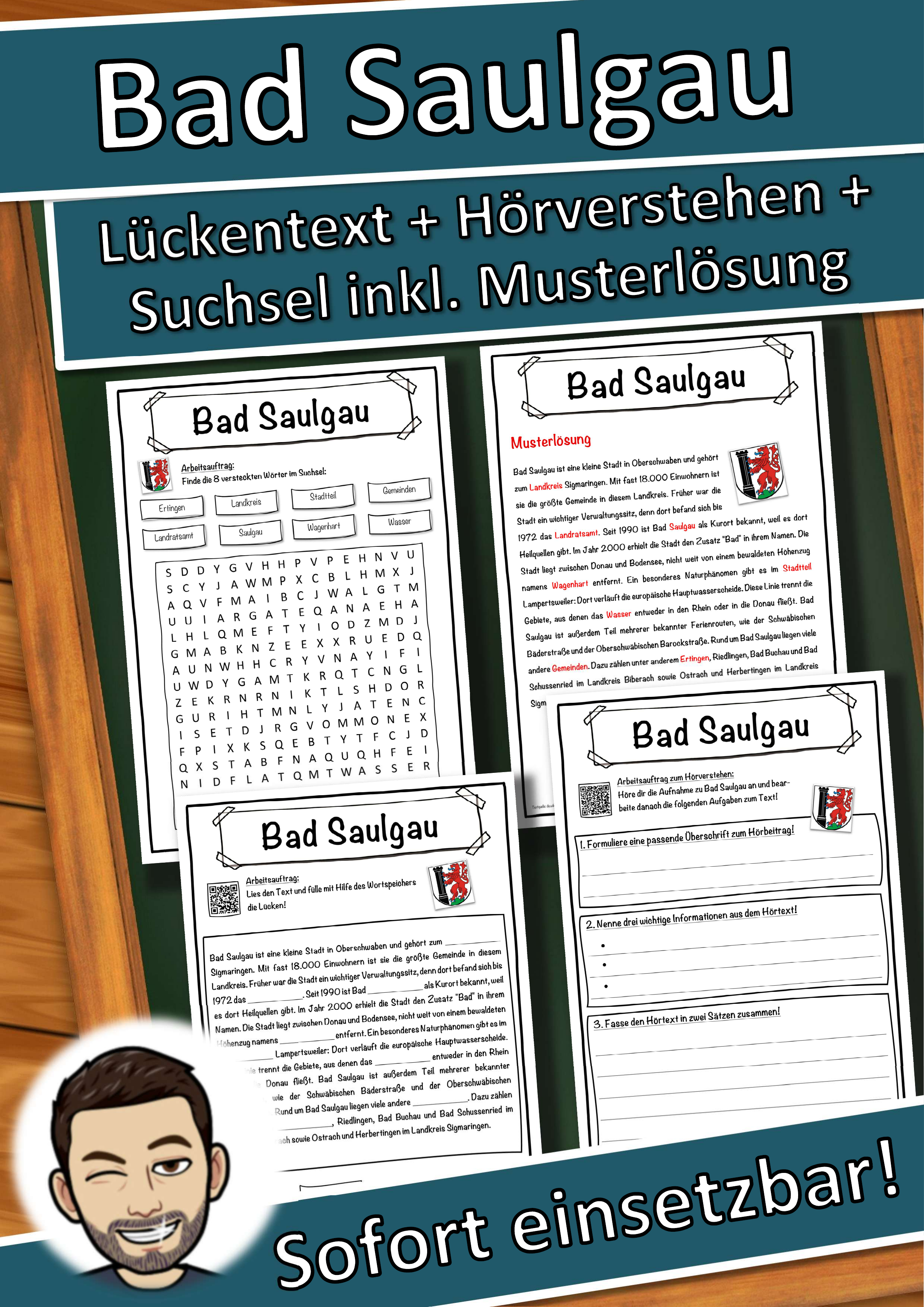 Bad Saulgau Lückentext mit Wortspeicher Hörverstehen und Suchsel