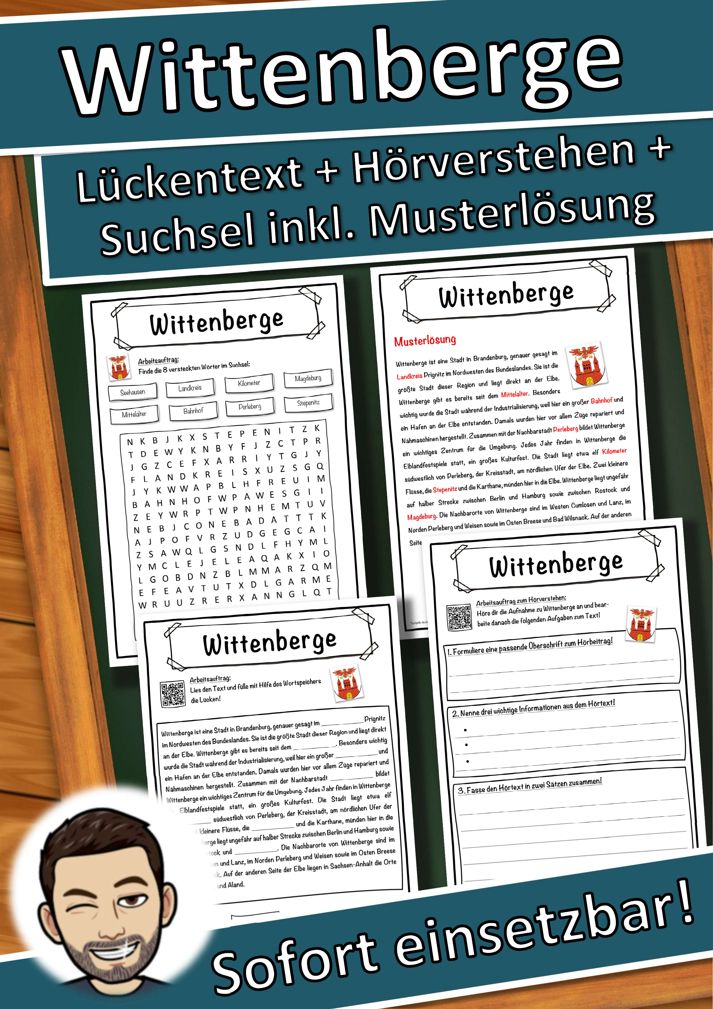 Wittenberge Lückentext mit Wortspeicher Hörverstehen und Suchsel