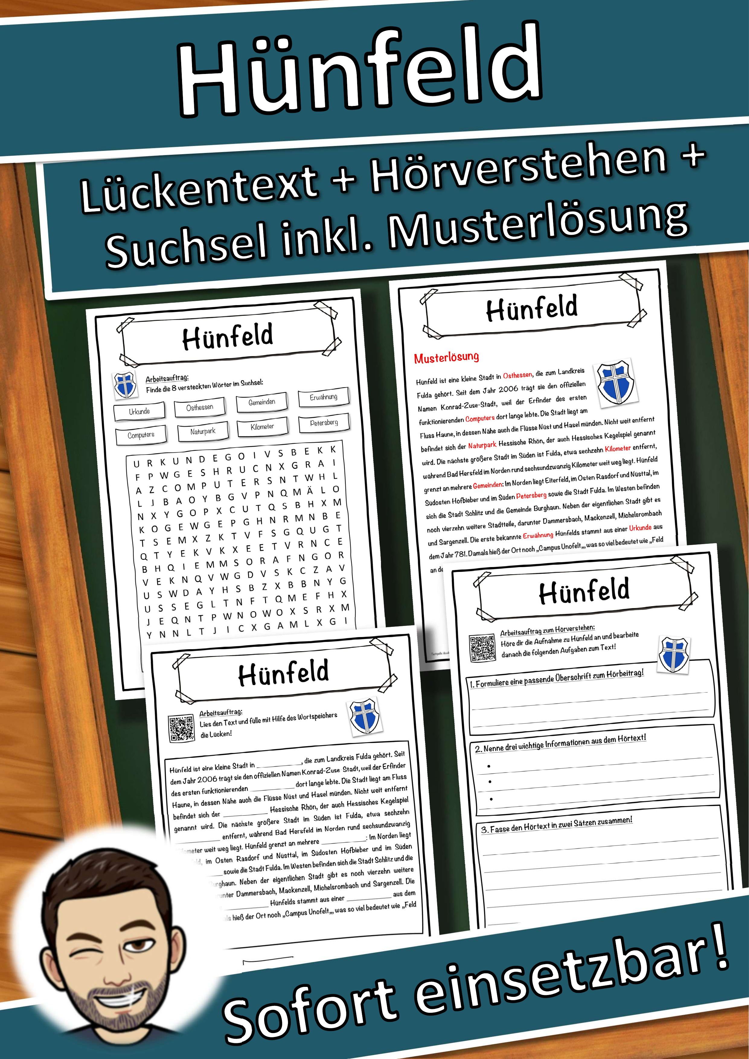 Hünfeld Lückentext mit Wortspeicher Hörverstehen und Suchsel