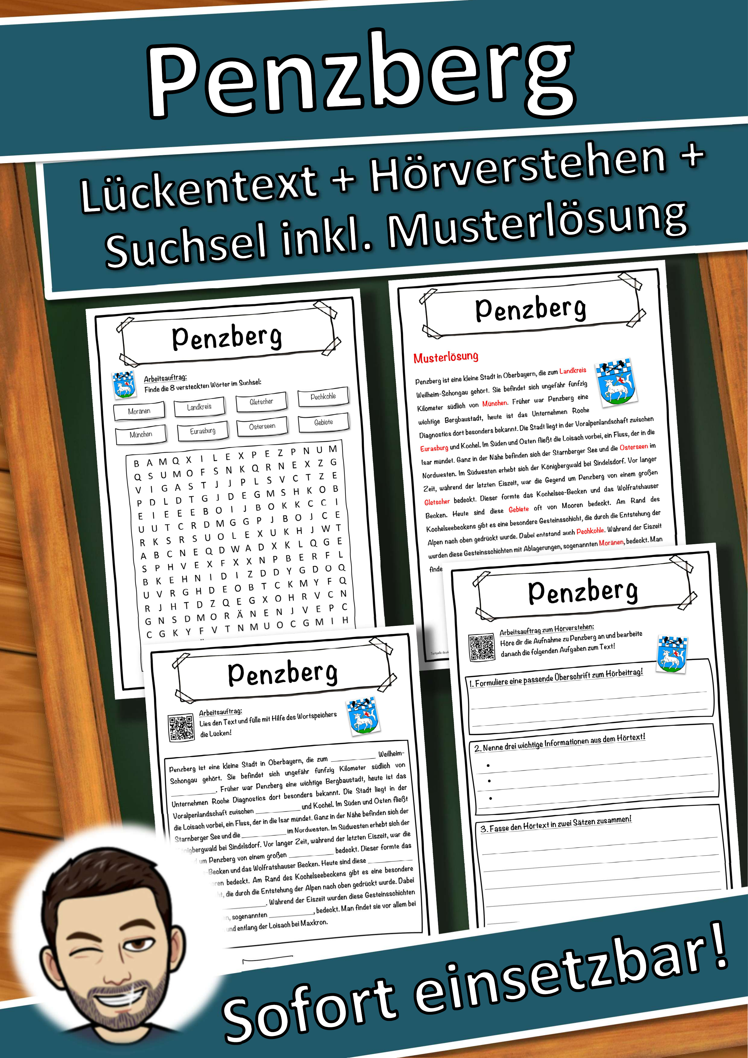 Penzberg Lückentext mit Wortspeicher Hörverstehen und Suchsel