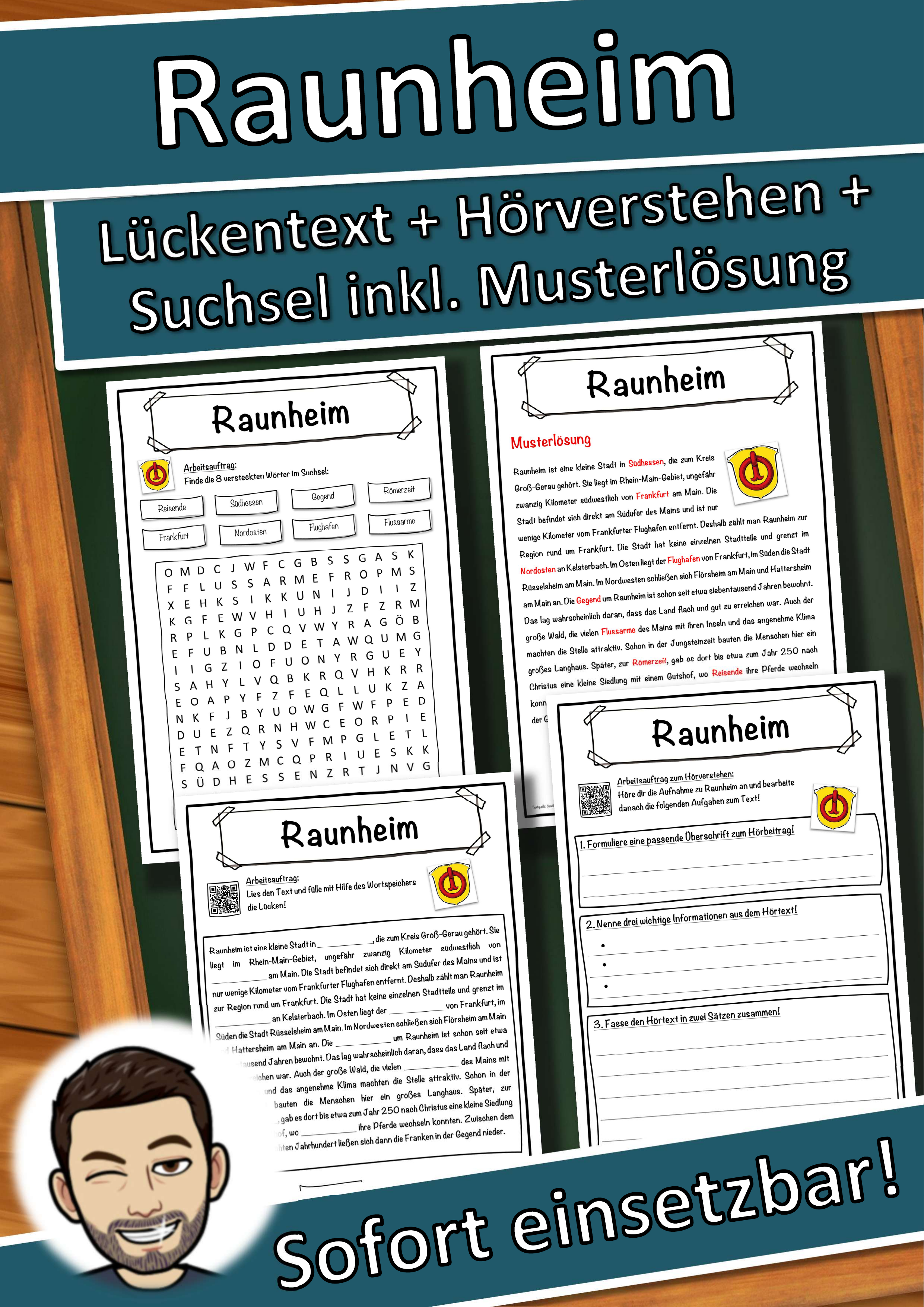 Raunheim Lückentext mit Wortspeicher Hörverstehen und Suchsel