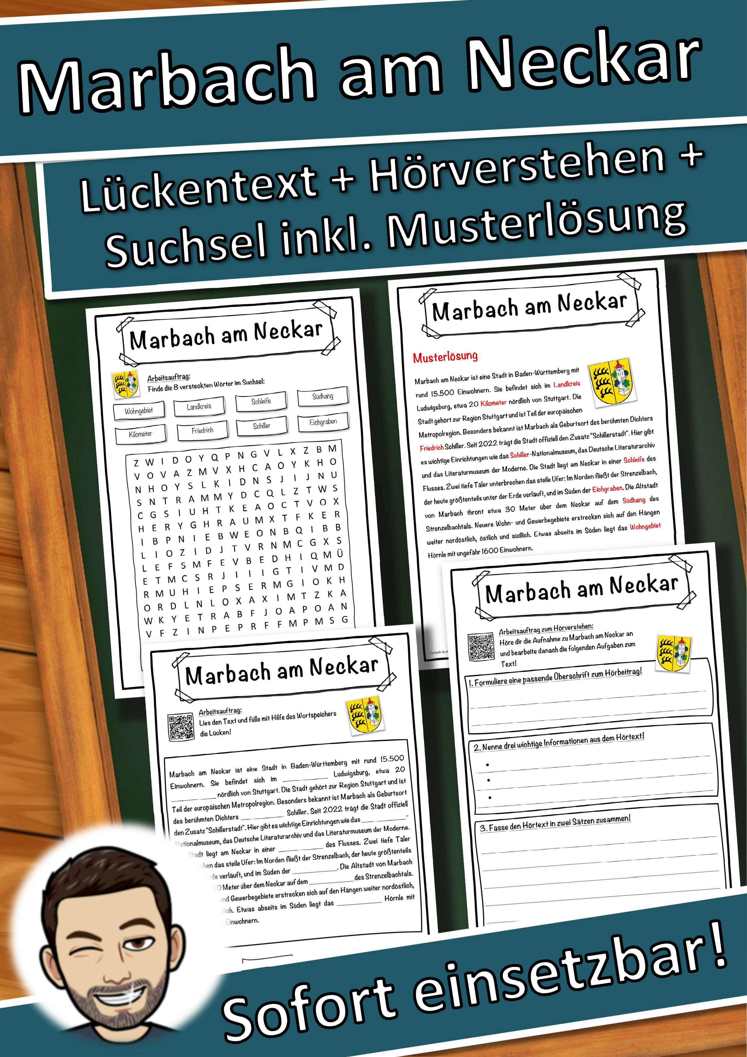 Marbach am Neckar Lückentext mit Wortspeicher Hörverstehen und Suchsel
