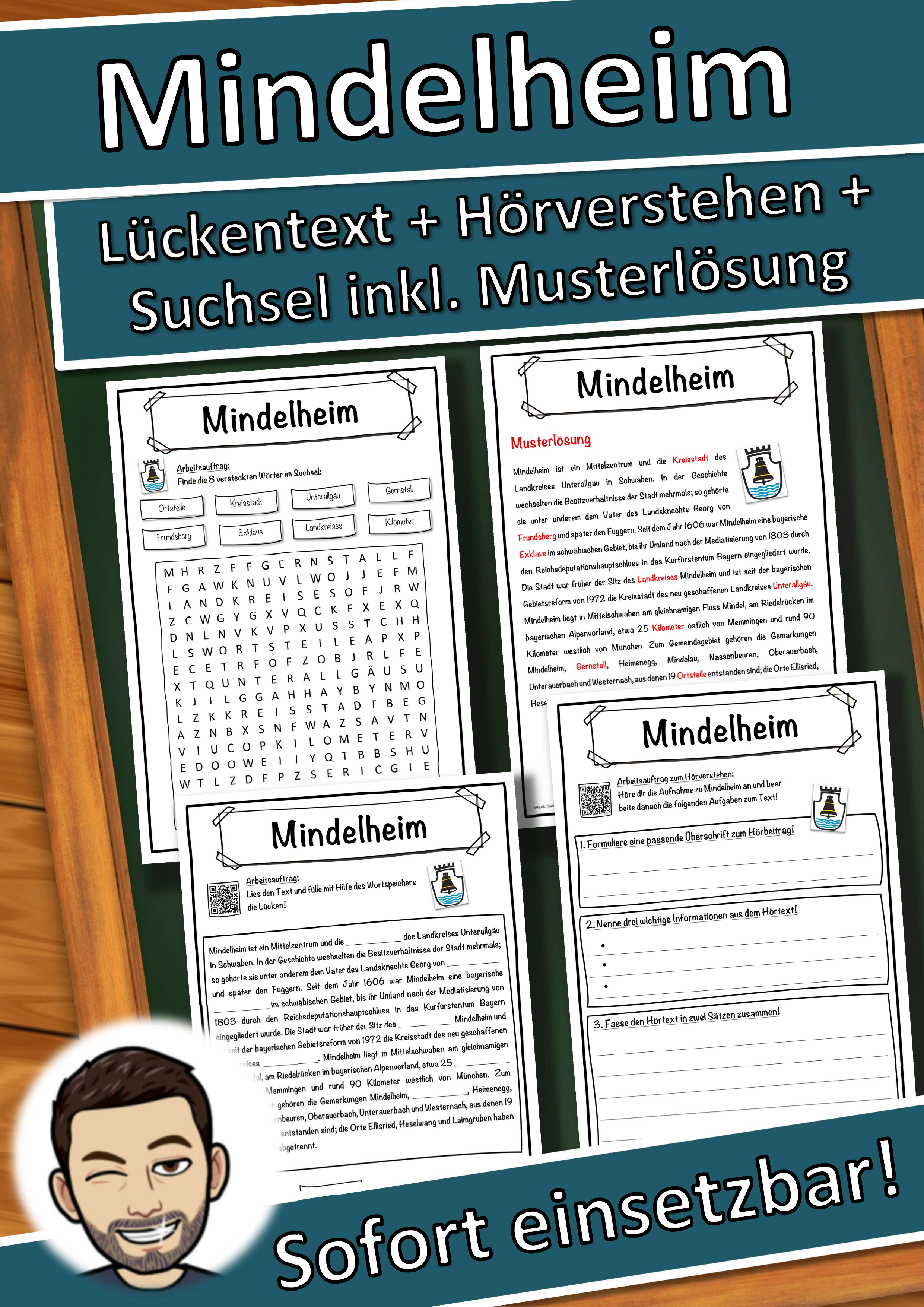 Mindelheim Lückentext mit Wortspeicher Hörverstehen und Suchsel