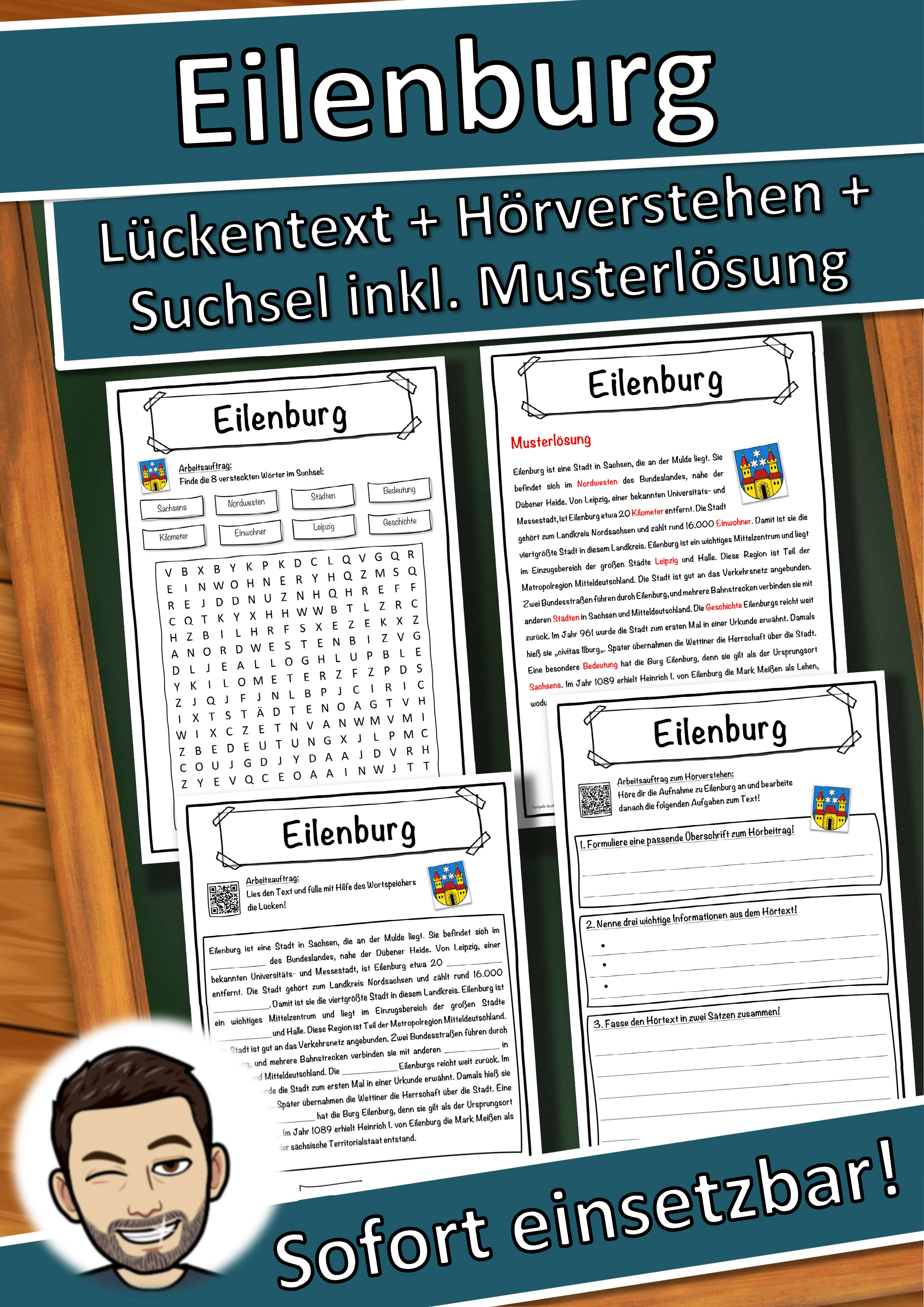 Eilenburg Lückentext mit Wortspeicher Hörverstehen und Suchsel