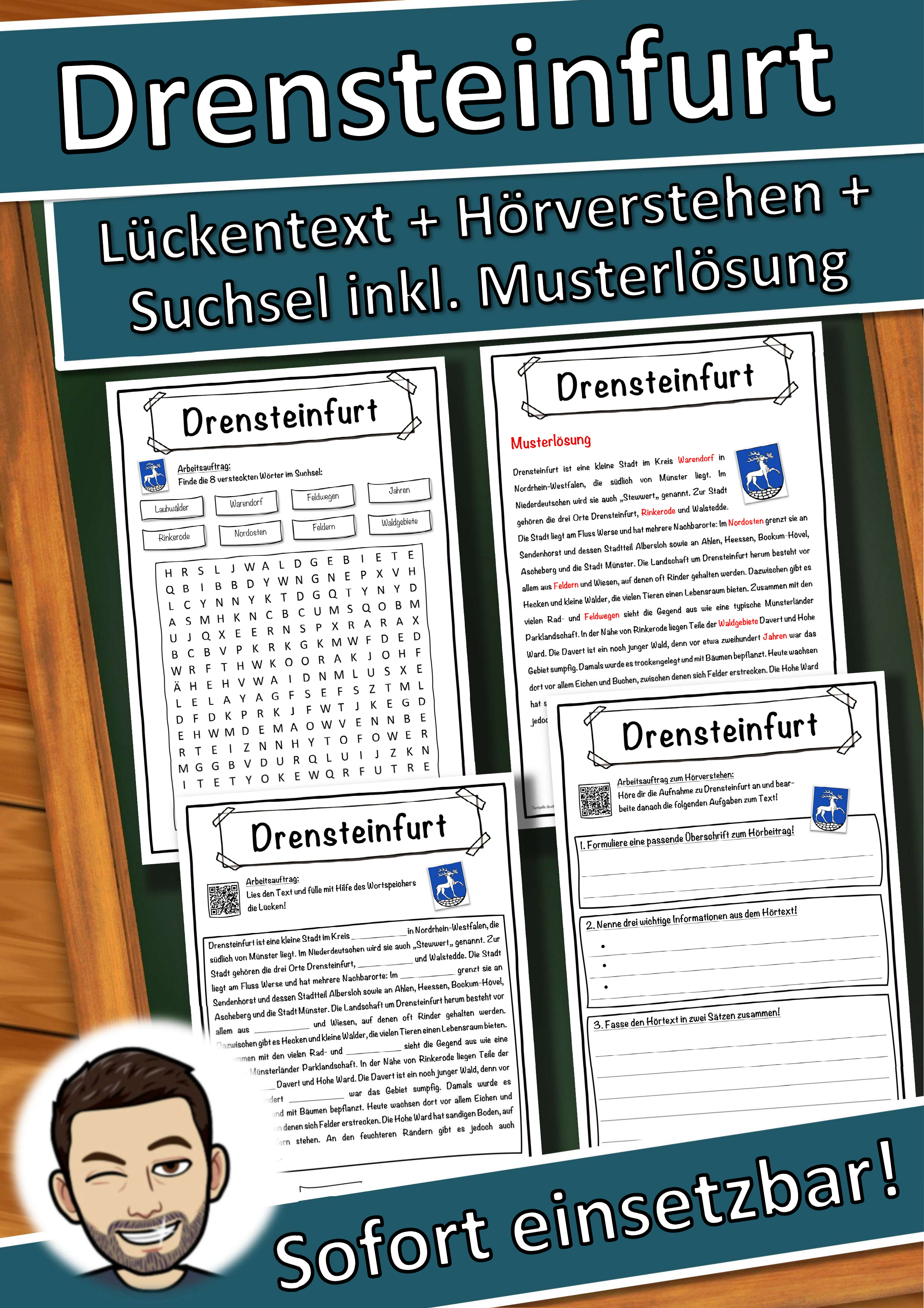 Drensteinfurt Lückentext mit Wortspeicher Hörverstehen und Suchsel