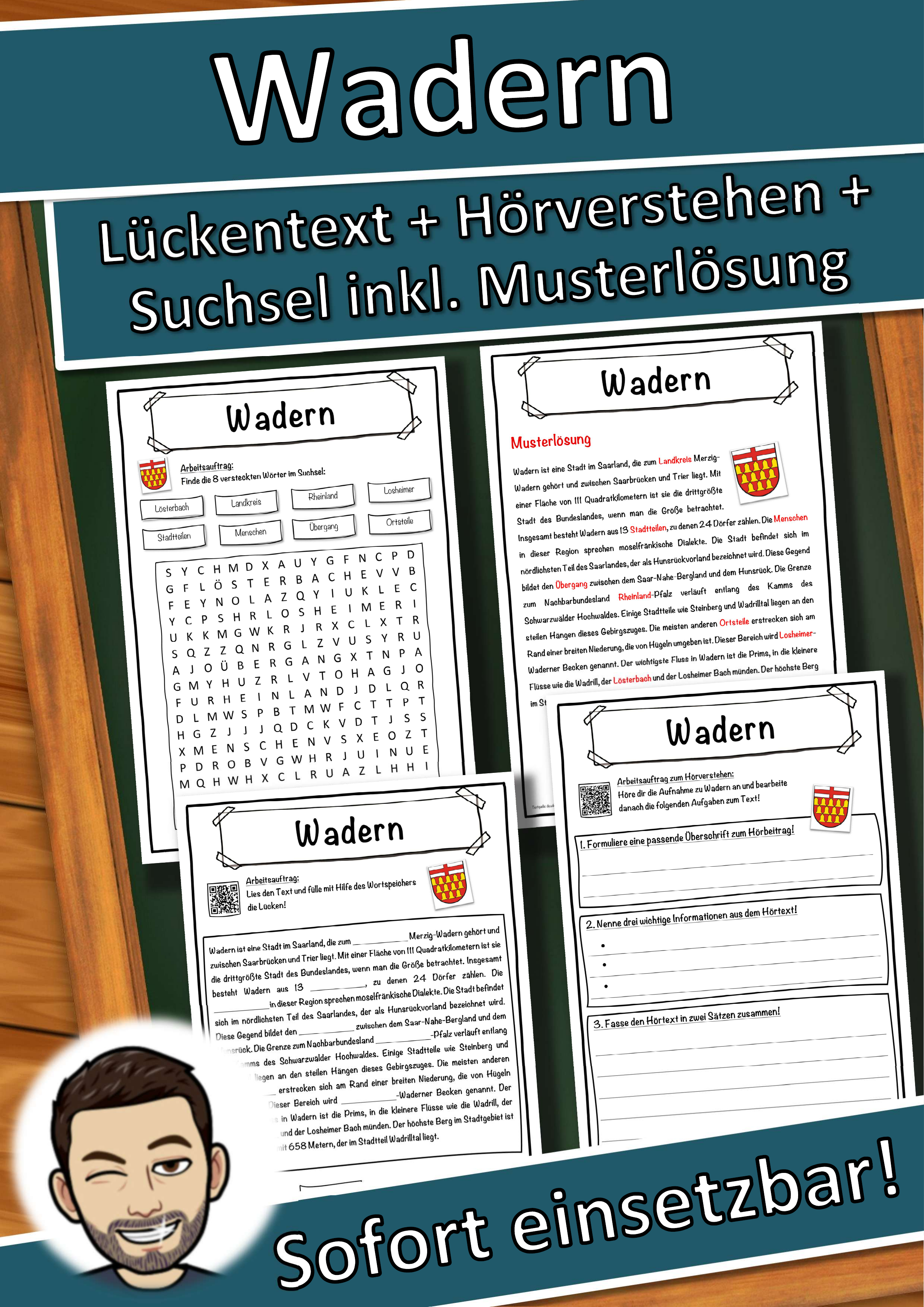 Wadern Lückentext mit Wortspeicher Hörverstehen und Suchsel