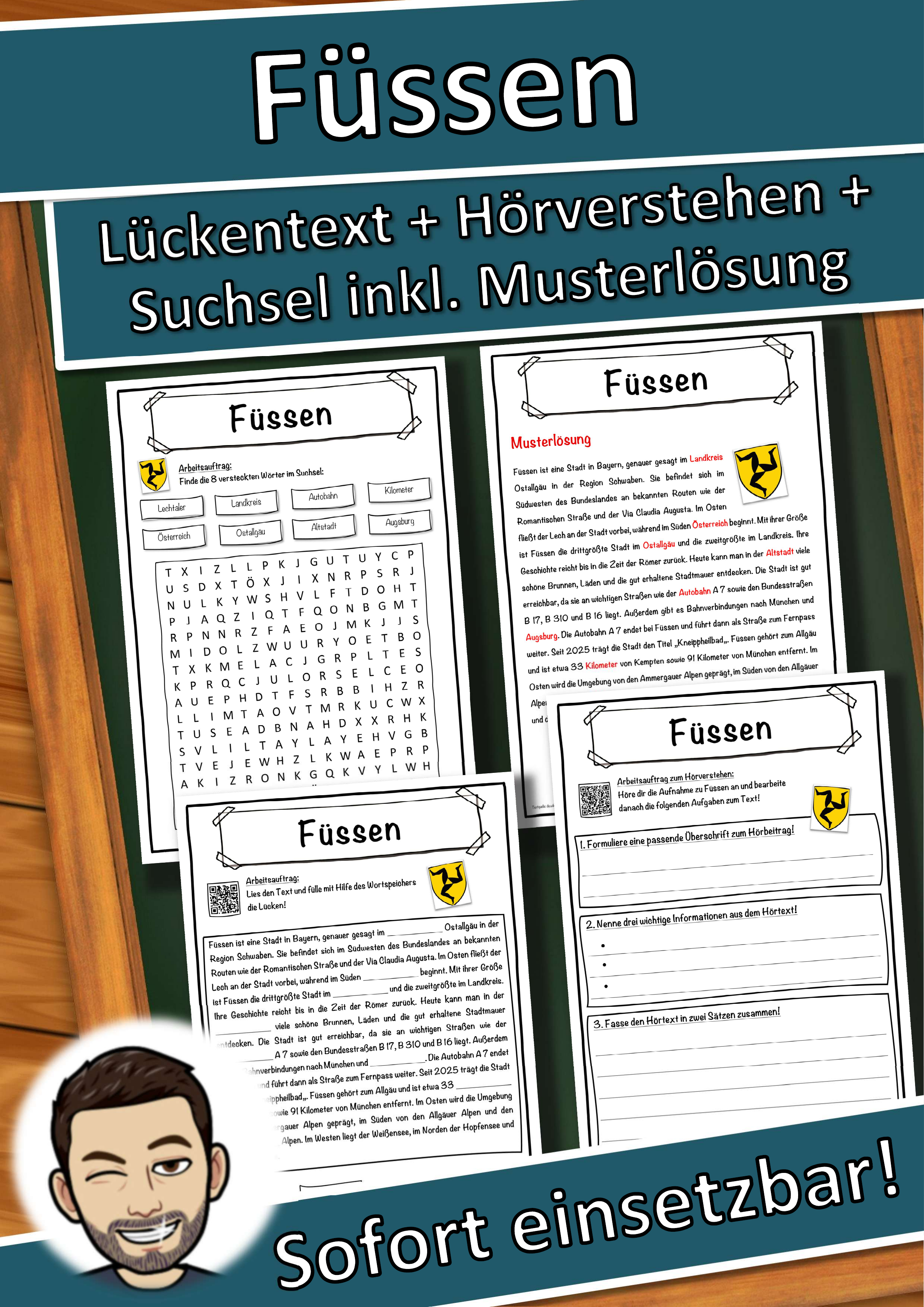 Füssen Lückentext mit Wortspeicher Hörverstehen und Suchsel