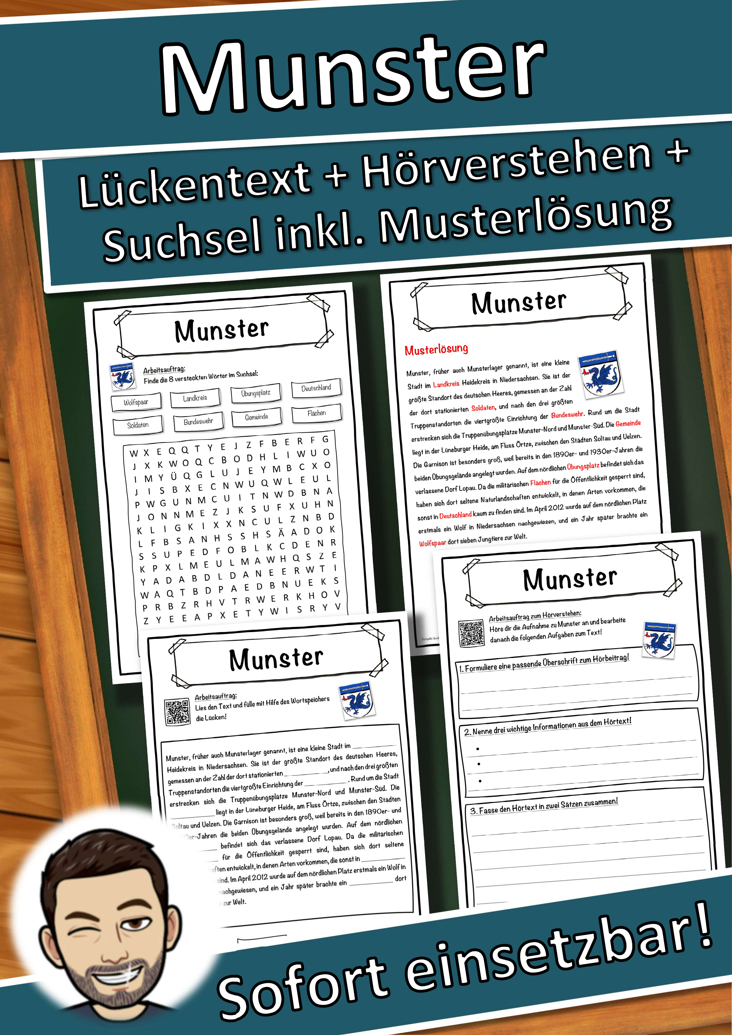Munster Lückentext mit Wortspeicher Hörverstehen und Suchsel