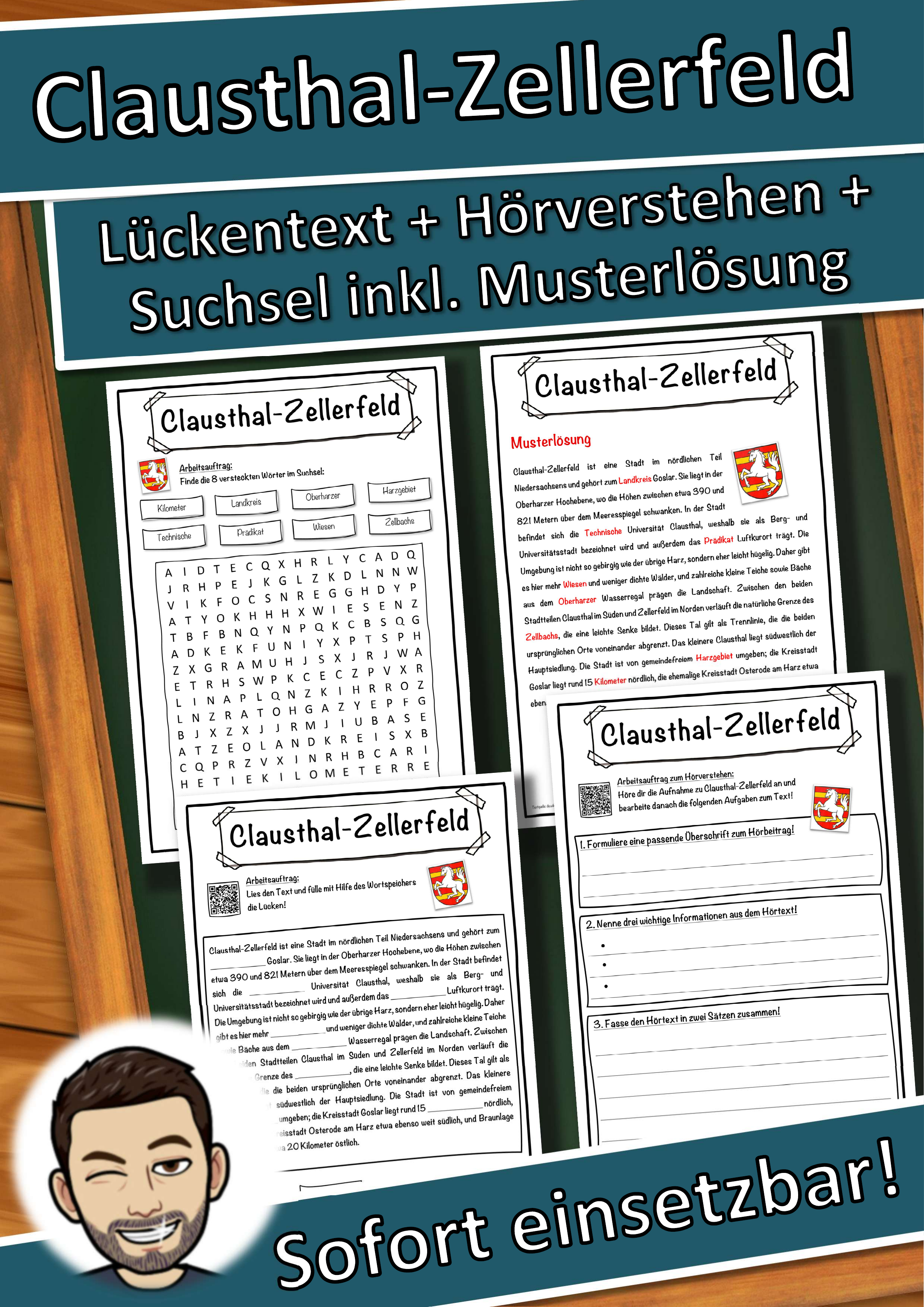 Clausthal-Zellerfeld Lückentext mit Wortspeicher Hörverstehen und Suchsel