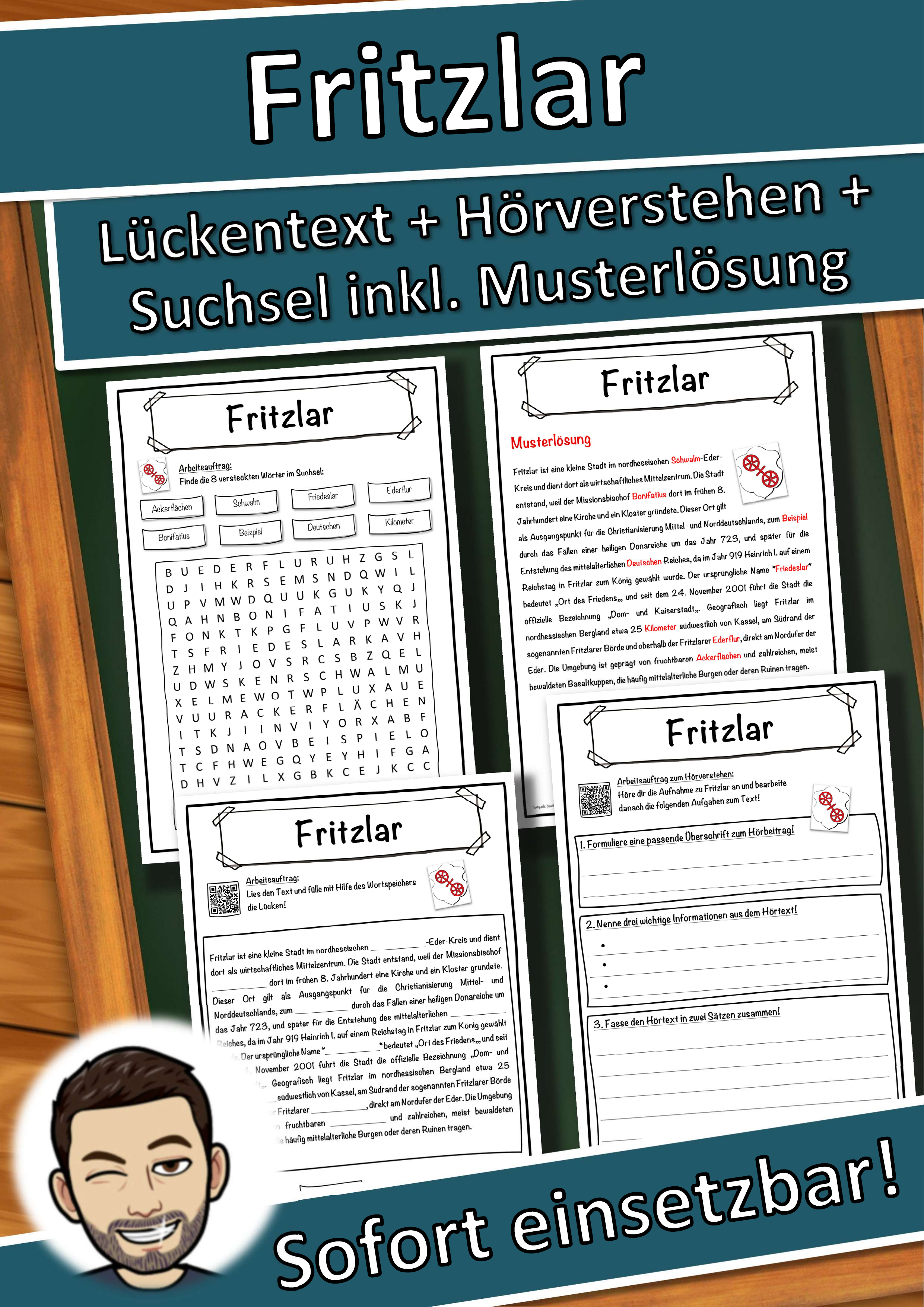 Fritzlar Lückentext mit Wortspeicher Hörverstehen und Suchsel