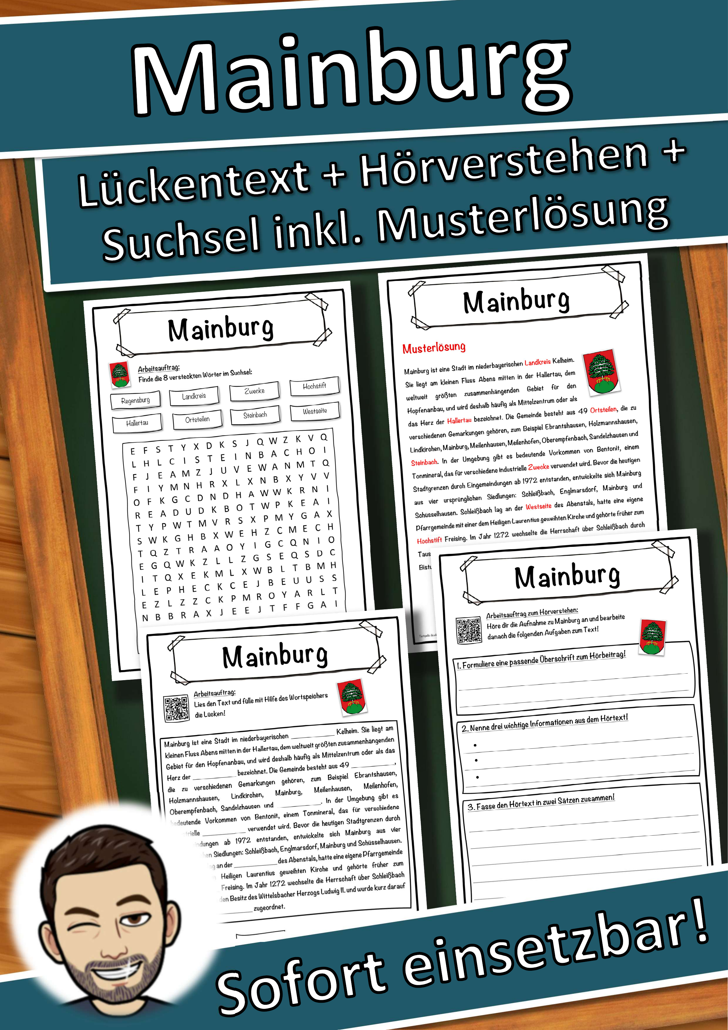 Mainburg Lückentext mit Wortspeicher Hörverstehen und Suchsel
