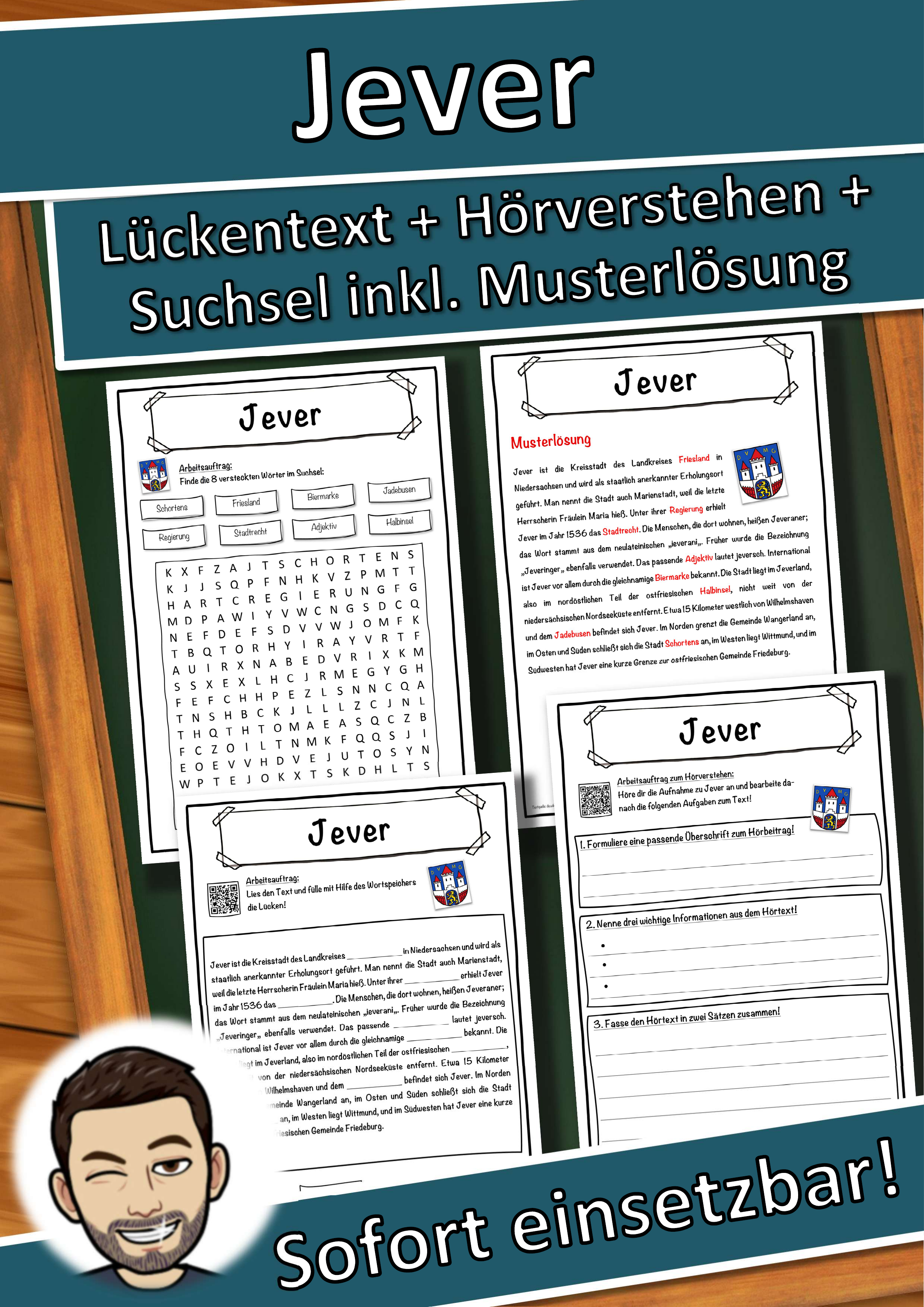 Jever Lückentext mit Wortspeicher Hörverstehen und Suchsel