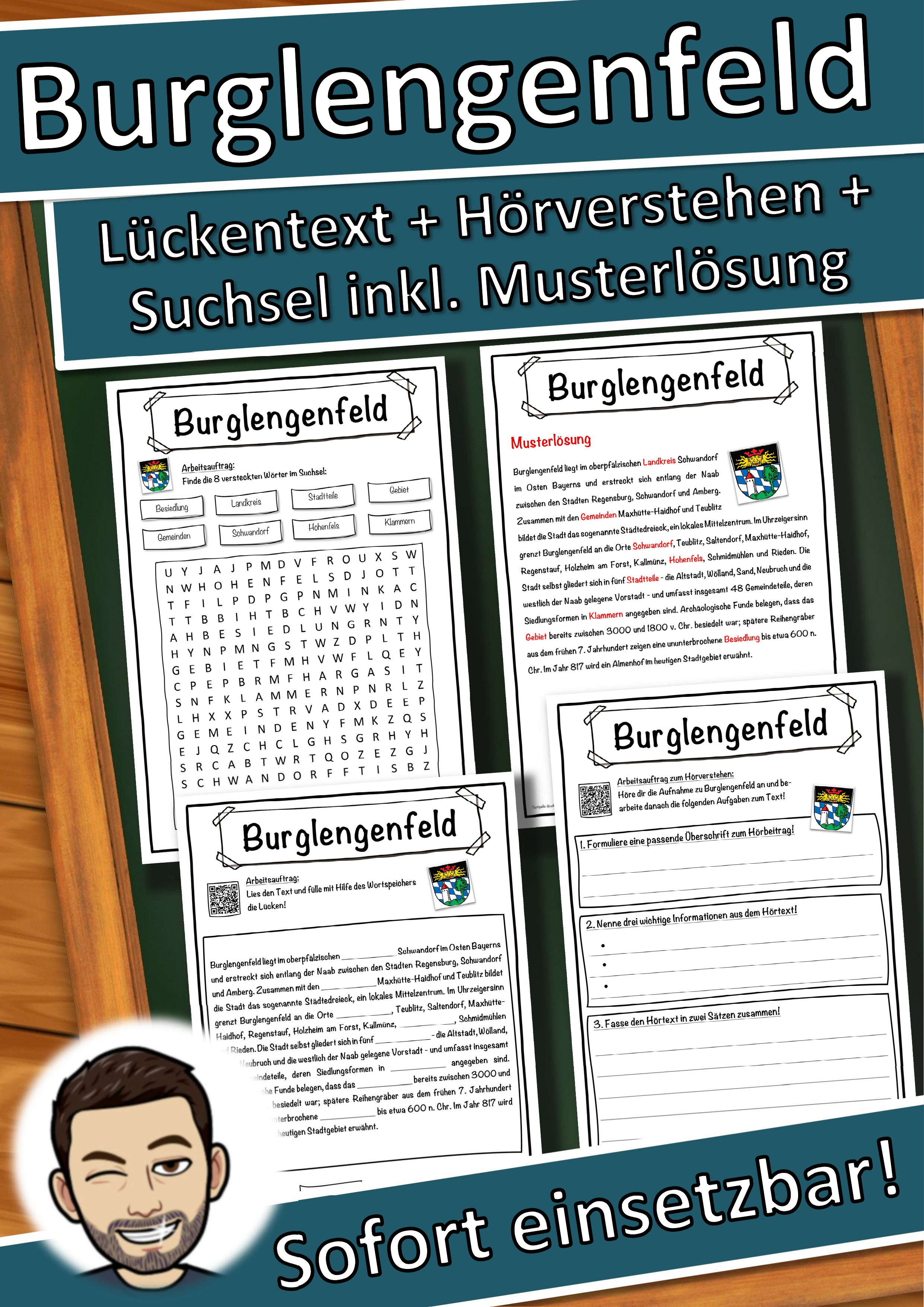 Burglengenfeld Lückentext mit Wortspeicher Hörverstehen und Suchsel