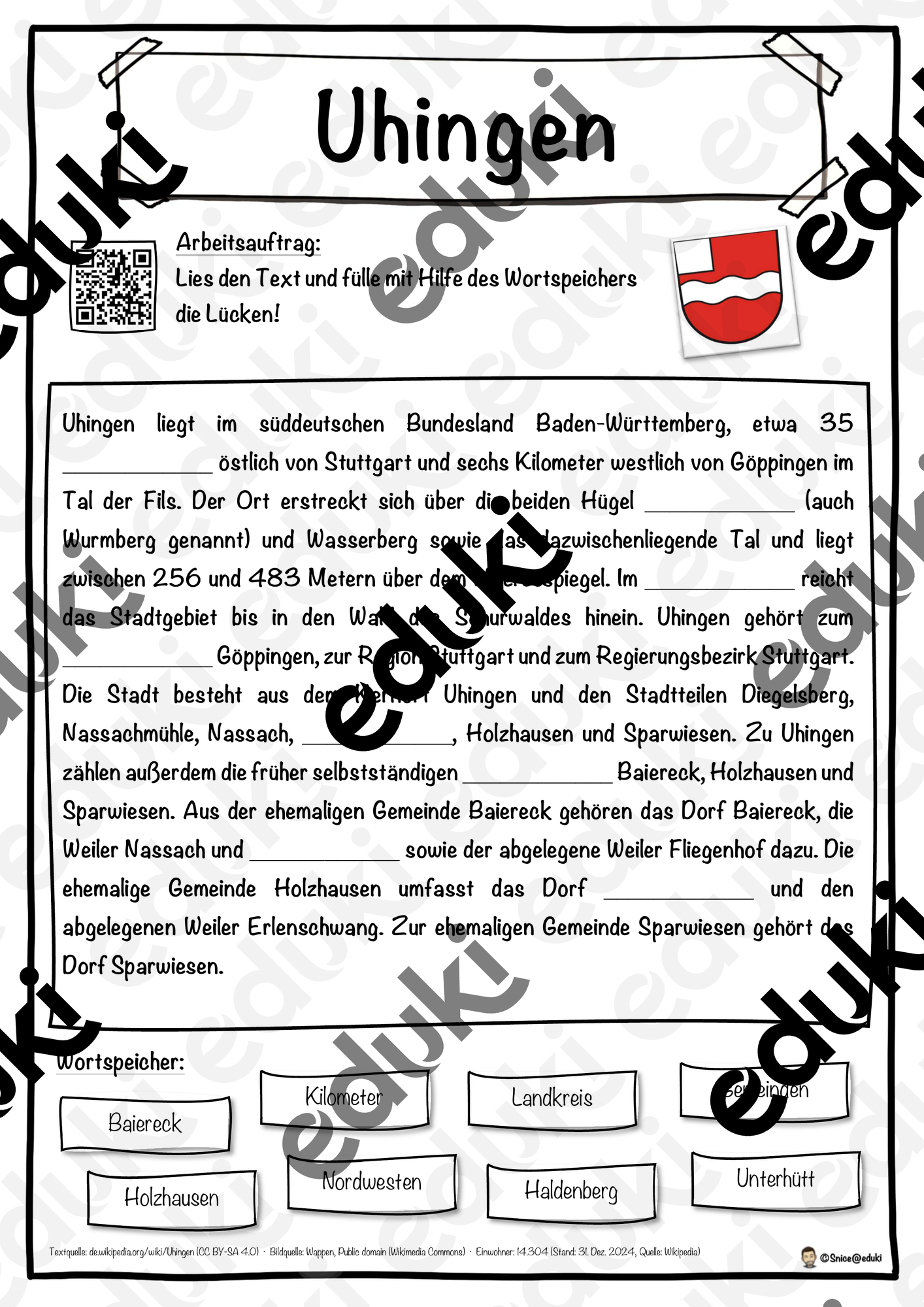 Uhingen Lückentext mit Wortspeicher Hörverstehen und Suchsel