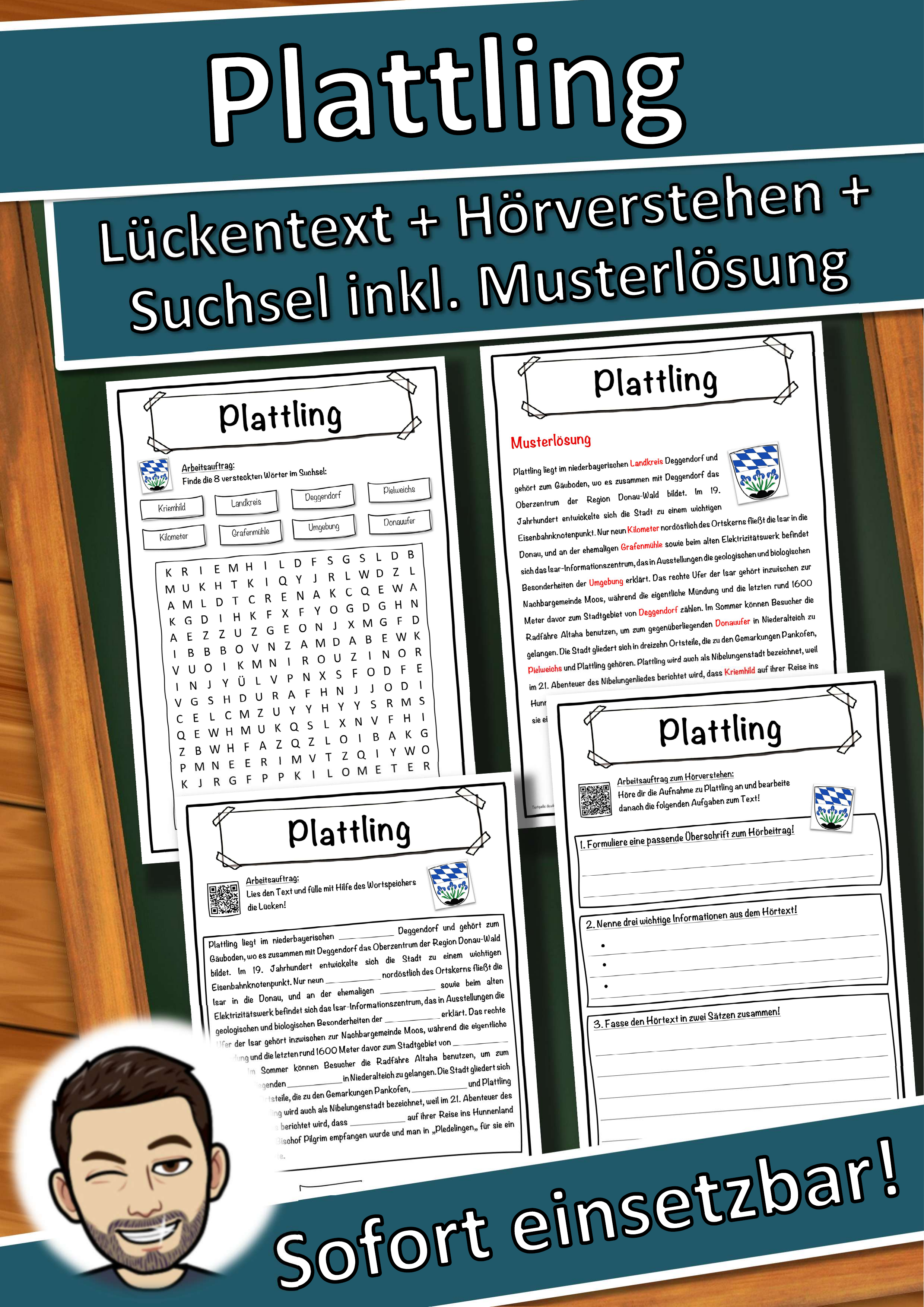 Plattling Lückentext mit Wortspeicher Hörverstehen und Suchsel