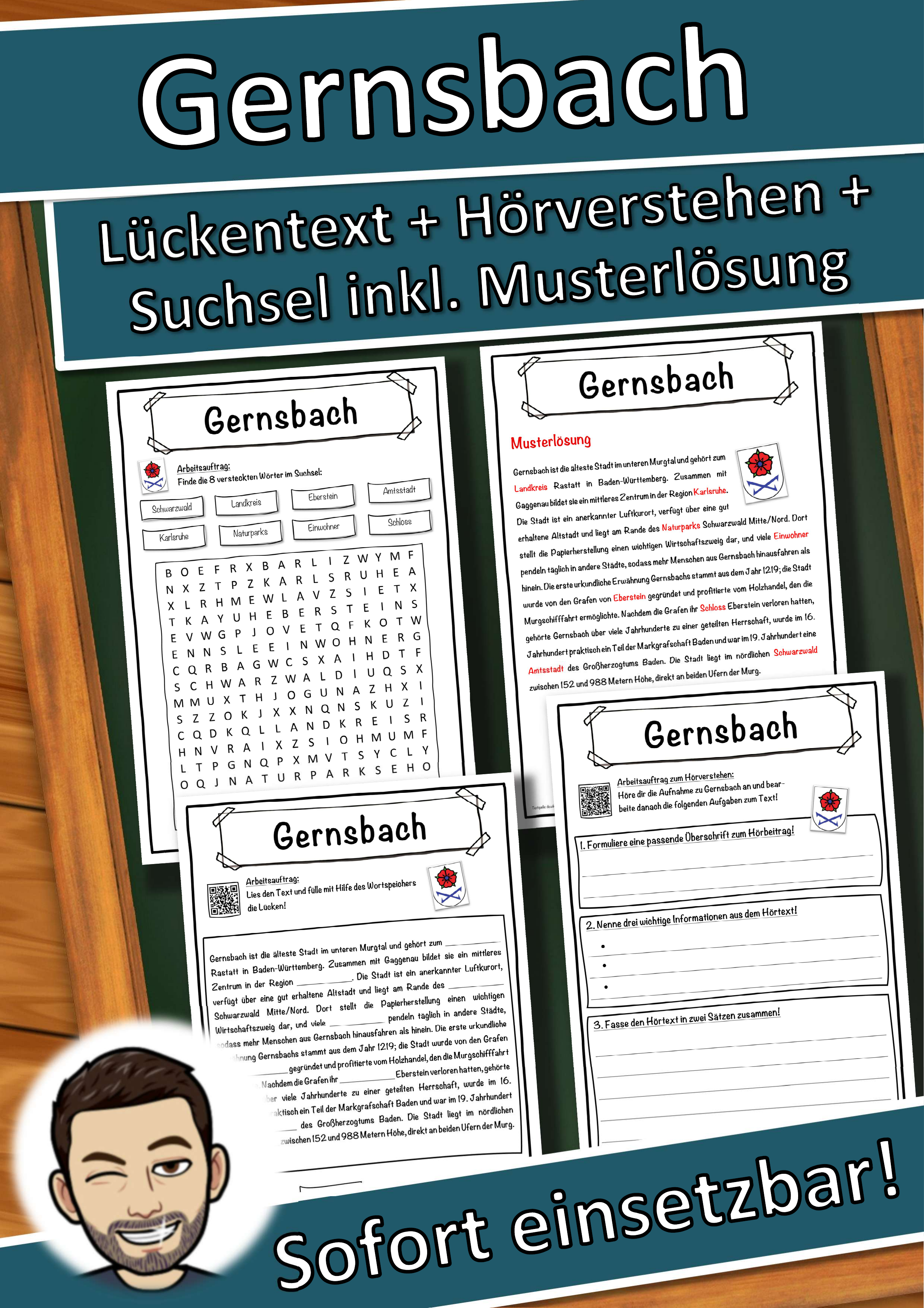 Gernsbach Lückentext mit Wortspeicher Hörverstehen und Suchsel