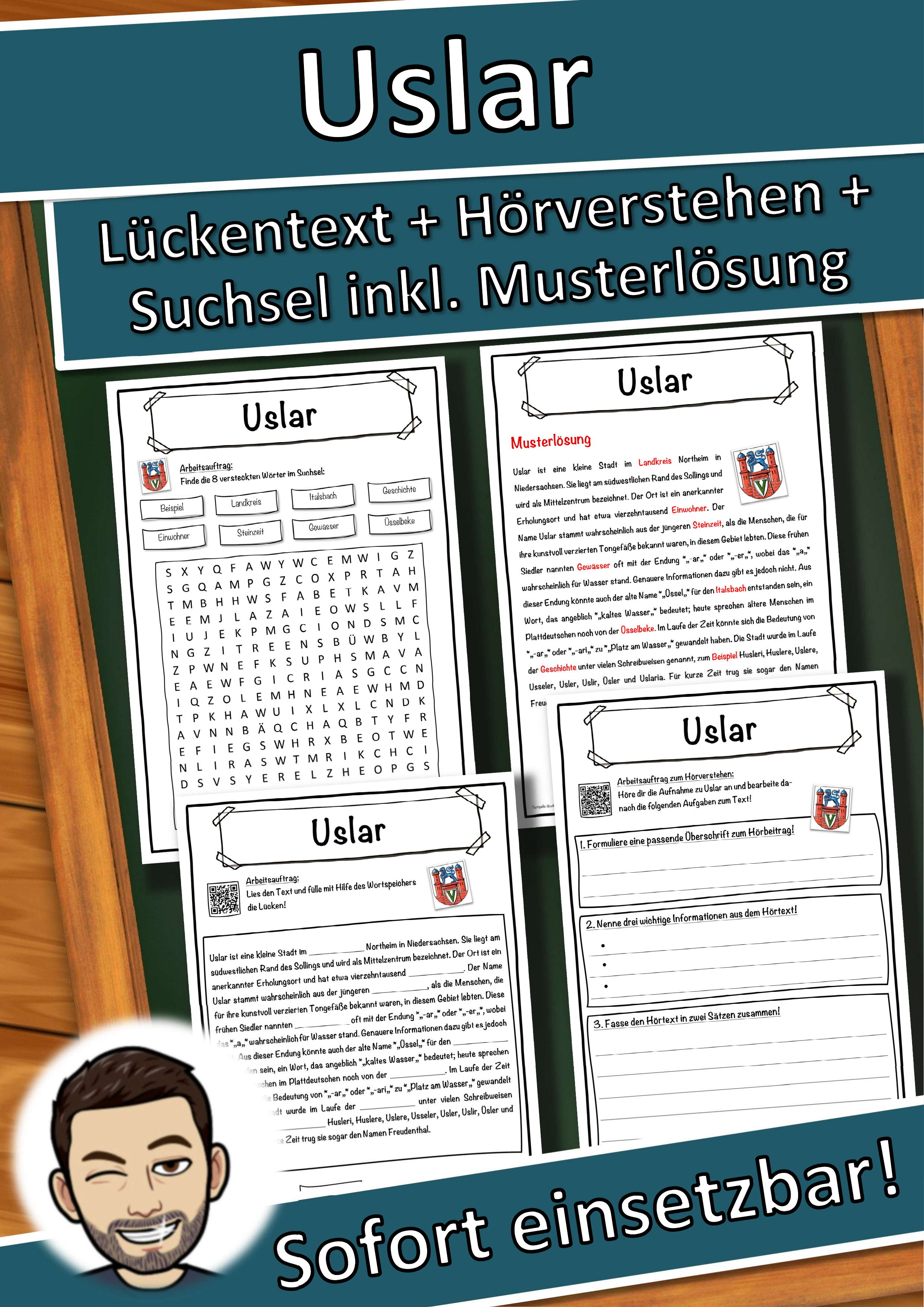 Uslar Lückentext mit Wortspeicher Hörverstehen und Suchsel