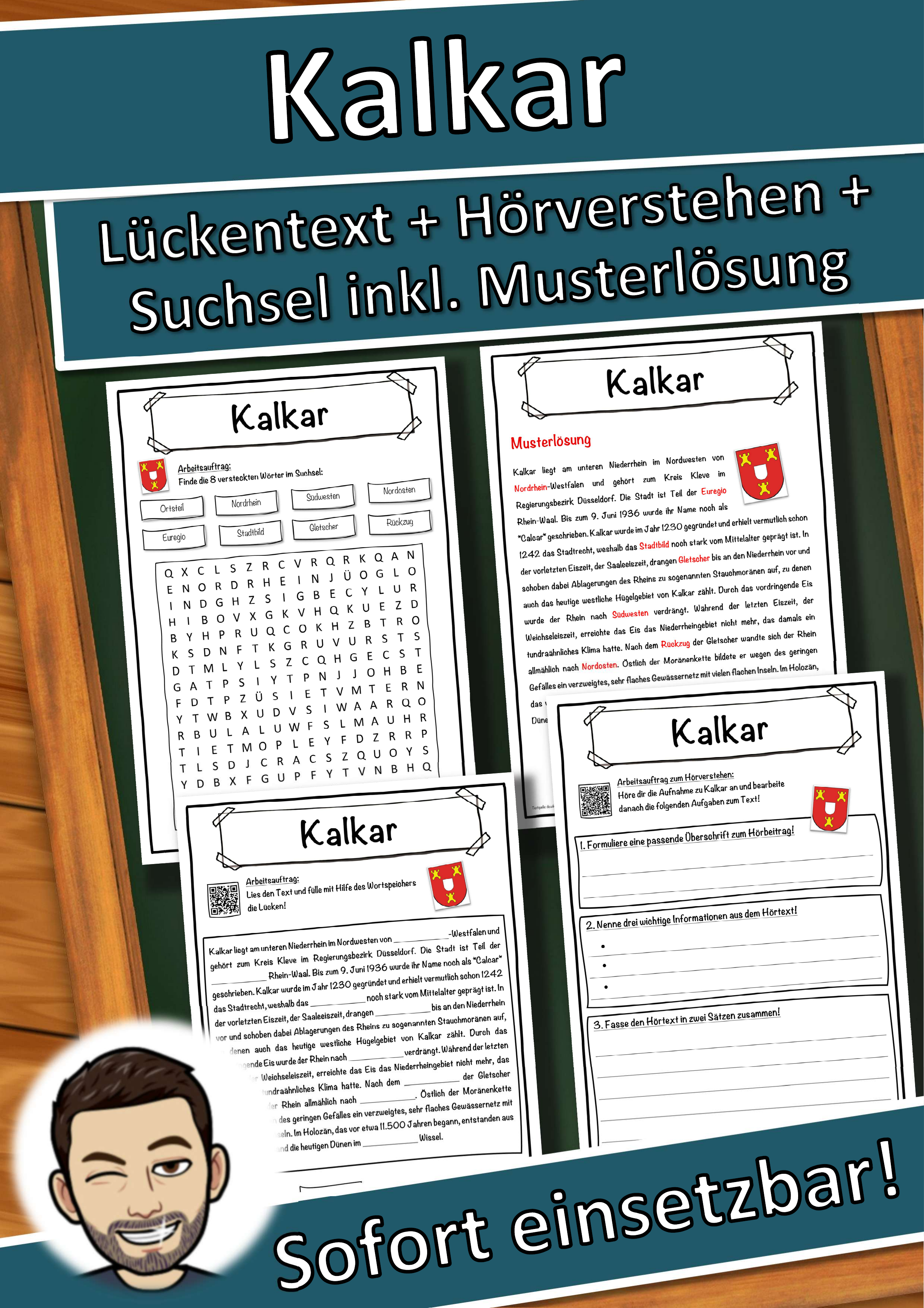 Kalkar Lückentext mit Wortspeicher Hörverstehen und Suchsel