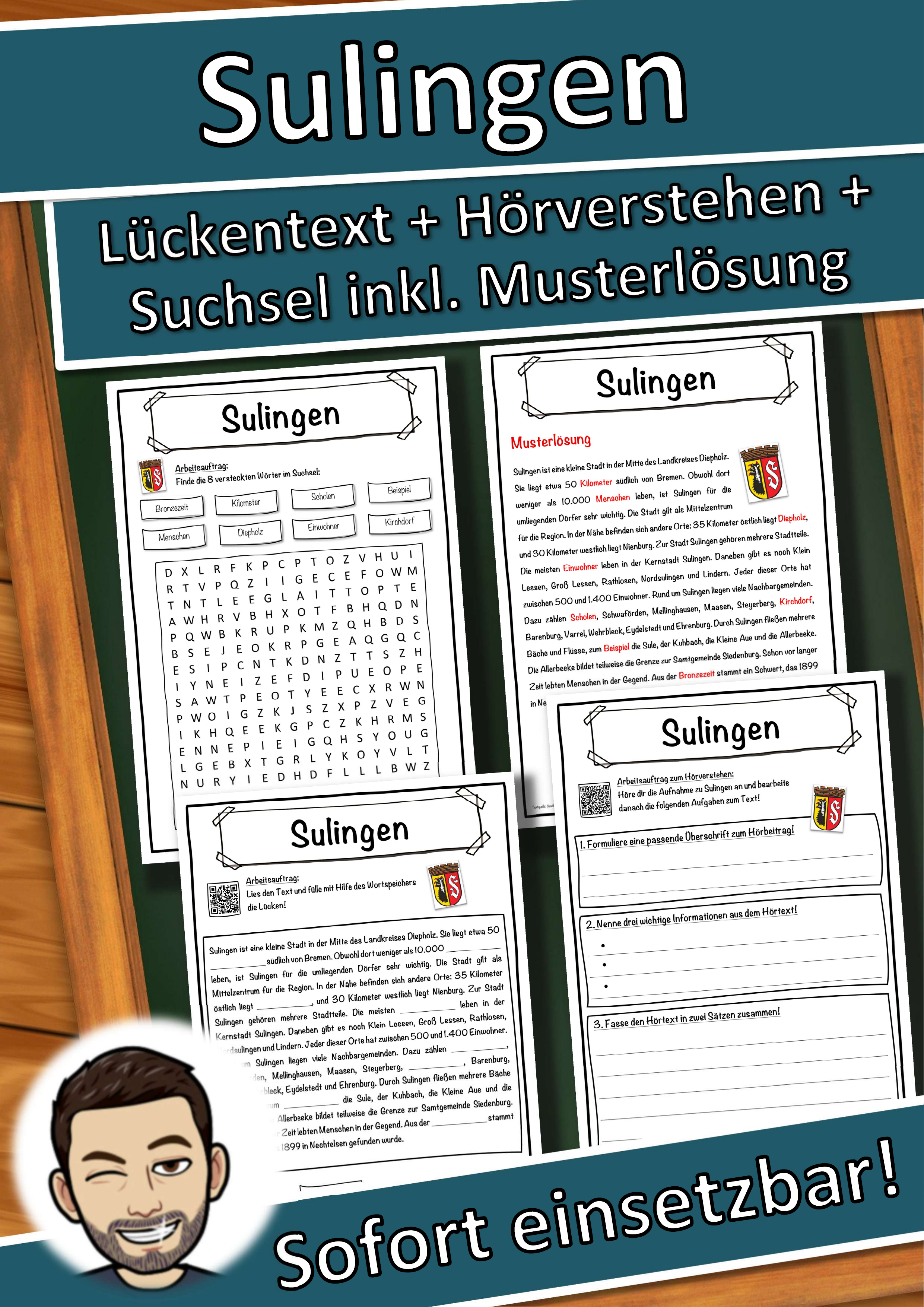 Sulingen Lückentext mit Wortspeicher Hörverstehen und Suchsel