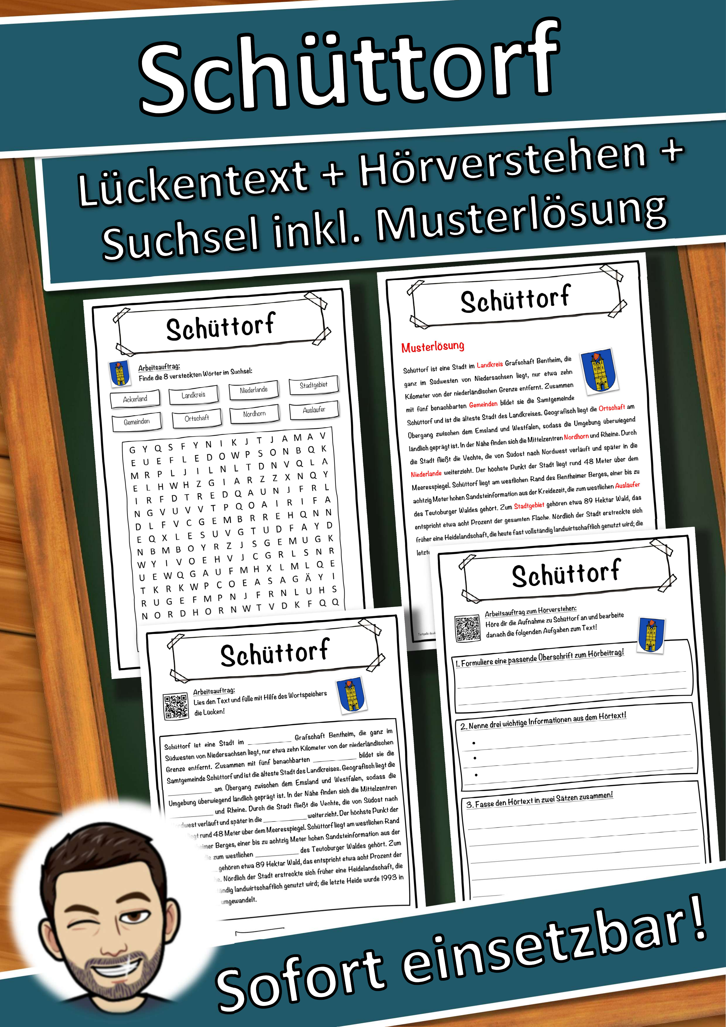 Schüttorf Lückentext mit Wortspeicher Hörverstehen und Suchsel