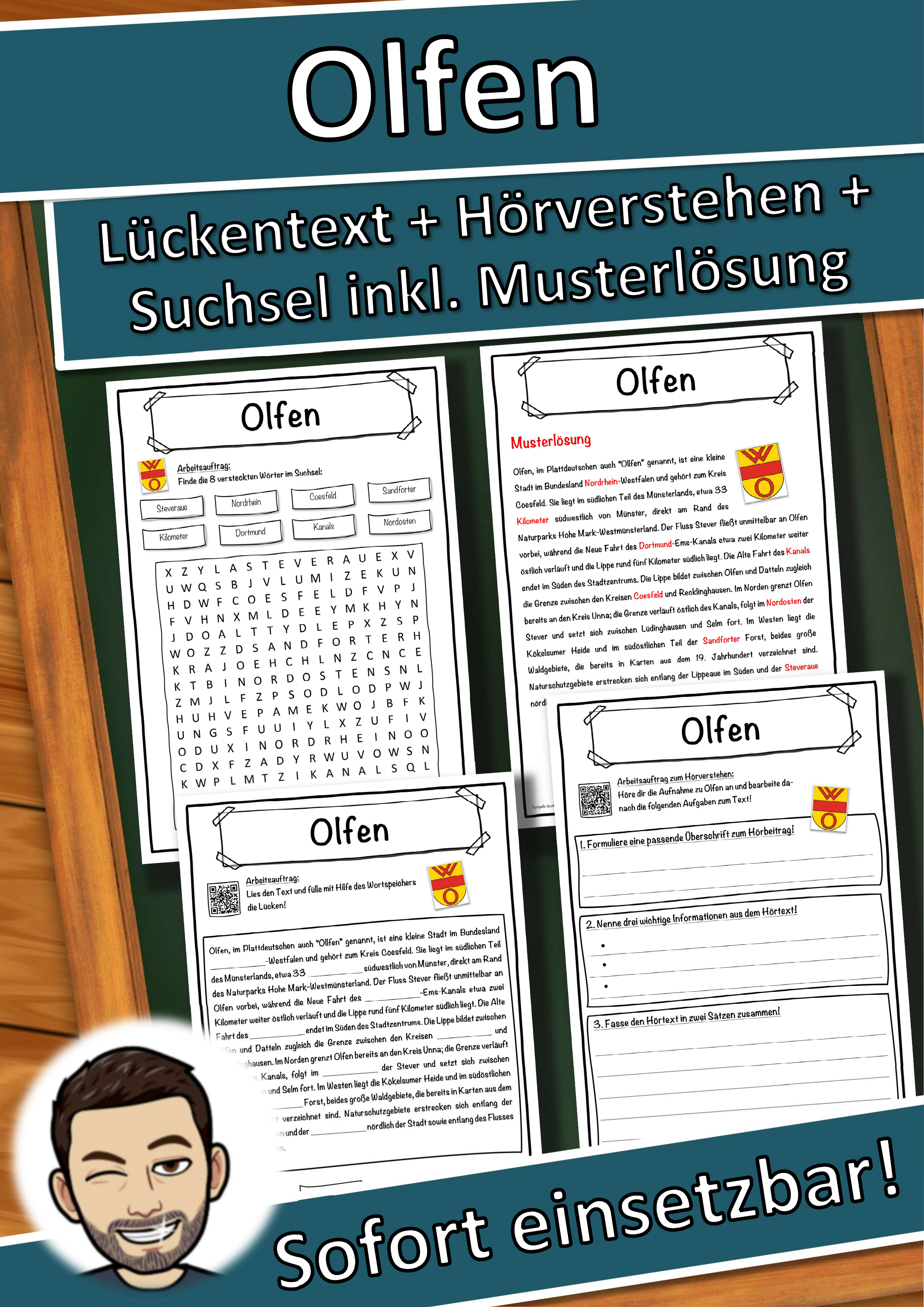 Olfen Lückentext mit Wortspeicher Hörverstehen und Suchsel