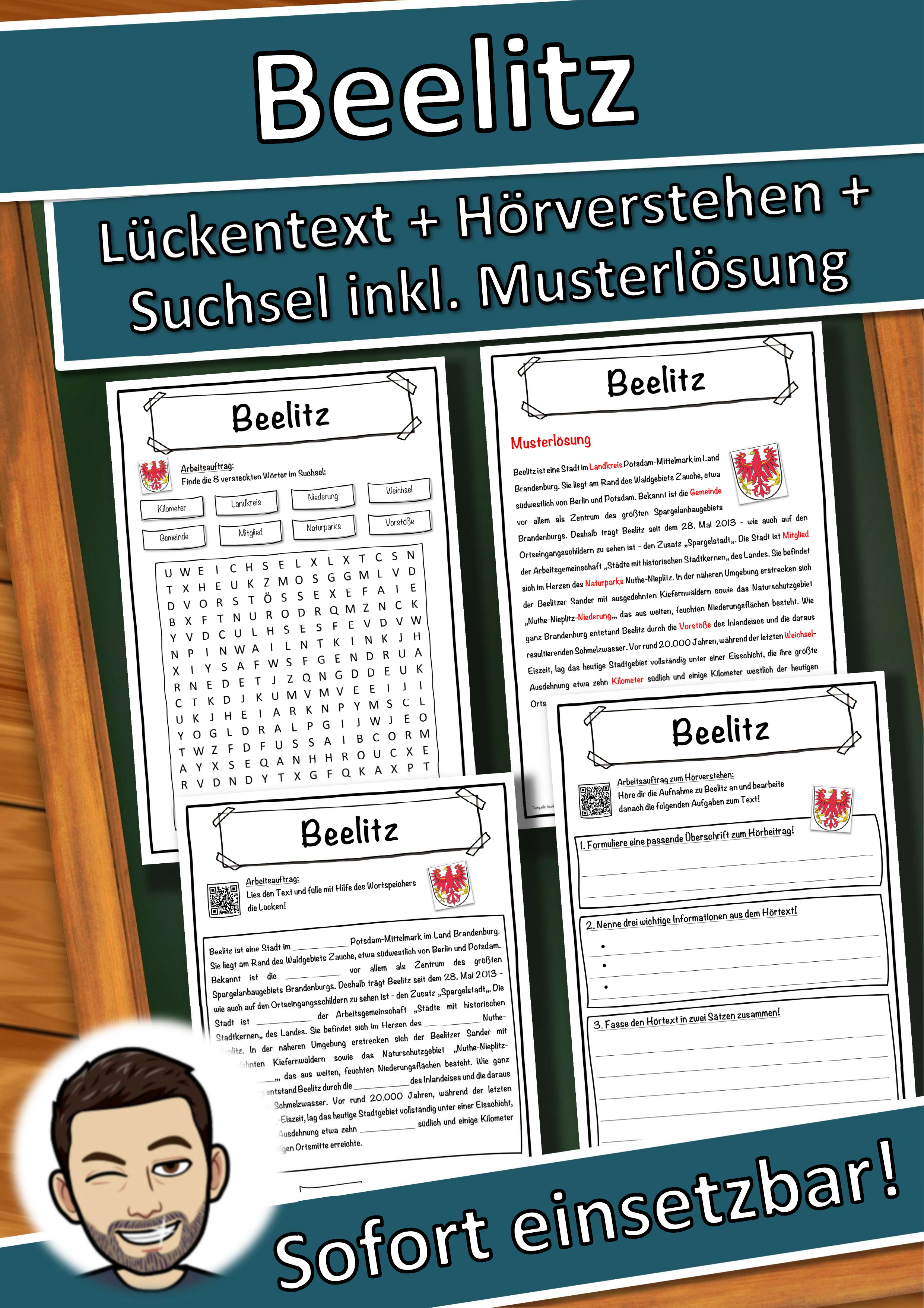Beelitz Lückentext mit Wortspeicher Hörverstehen und Suchsel