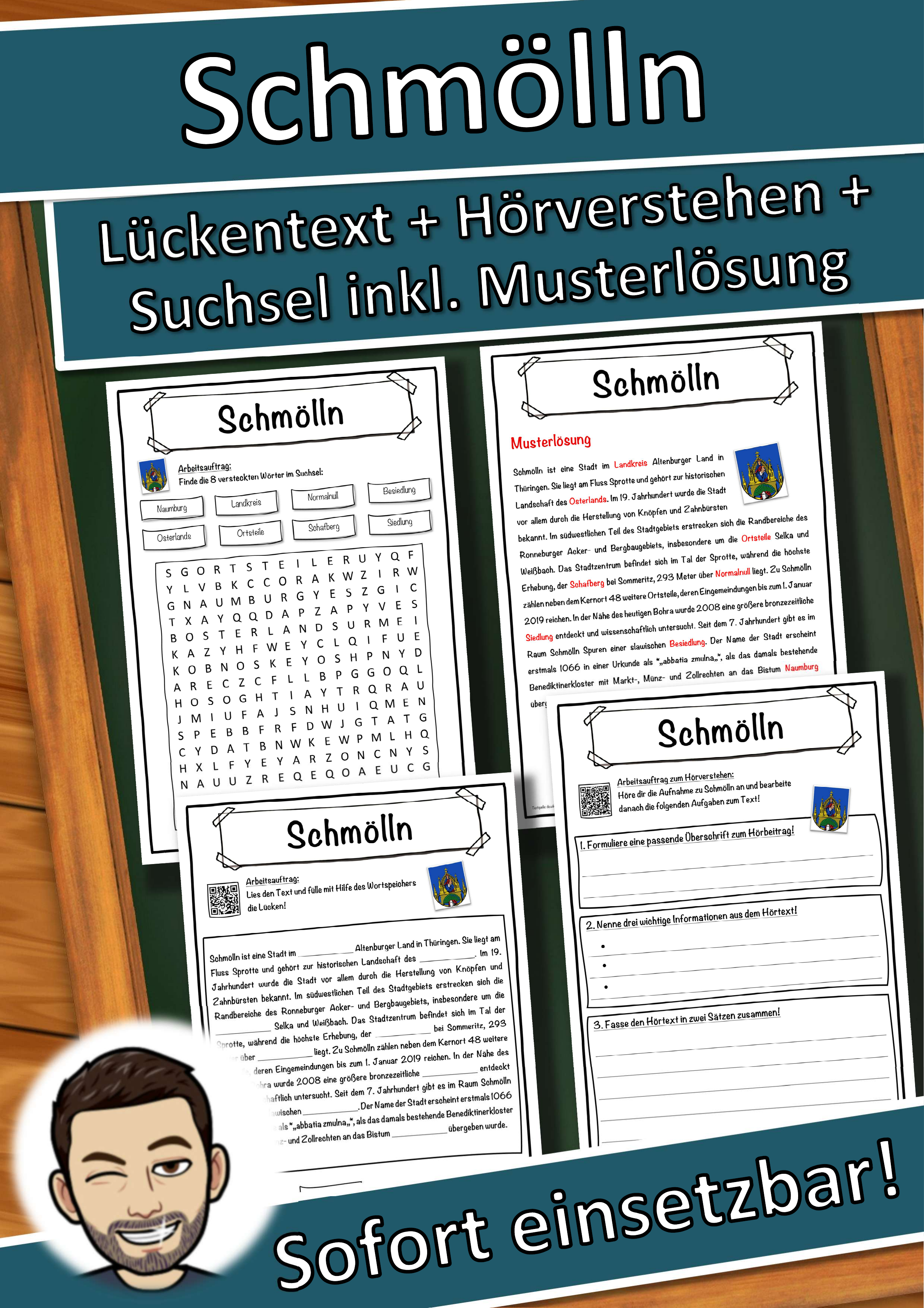 Schmölln Lückentext mit Wortspeicher Hörverstehen und Suchsel