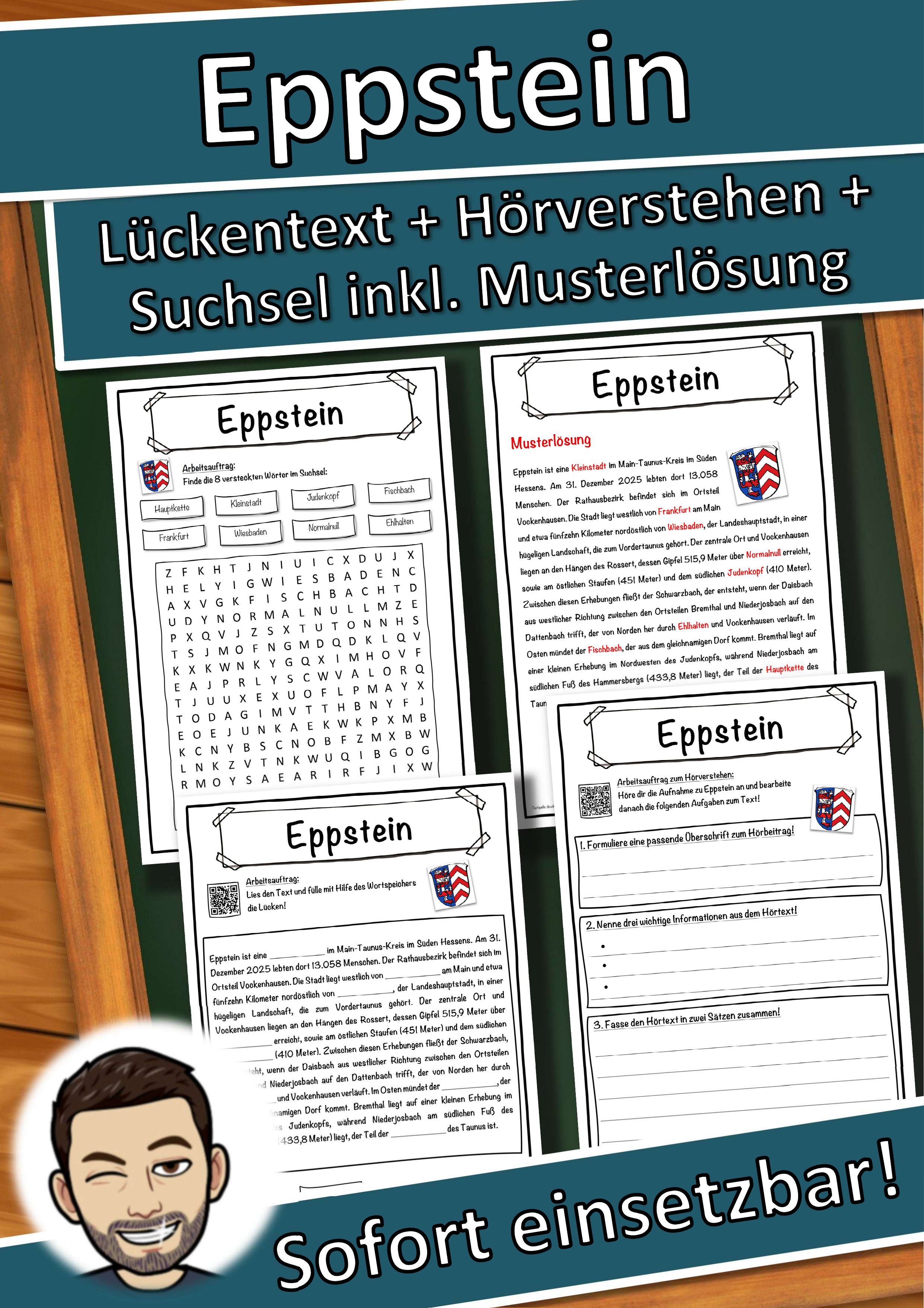 Eppstein Lückentext mit Wortspeicher Hörverstehen und Suchsel