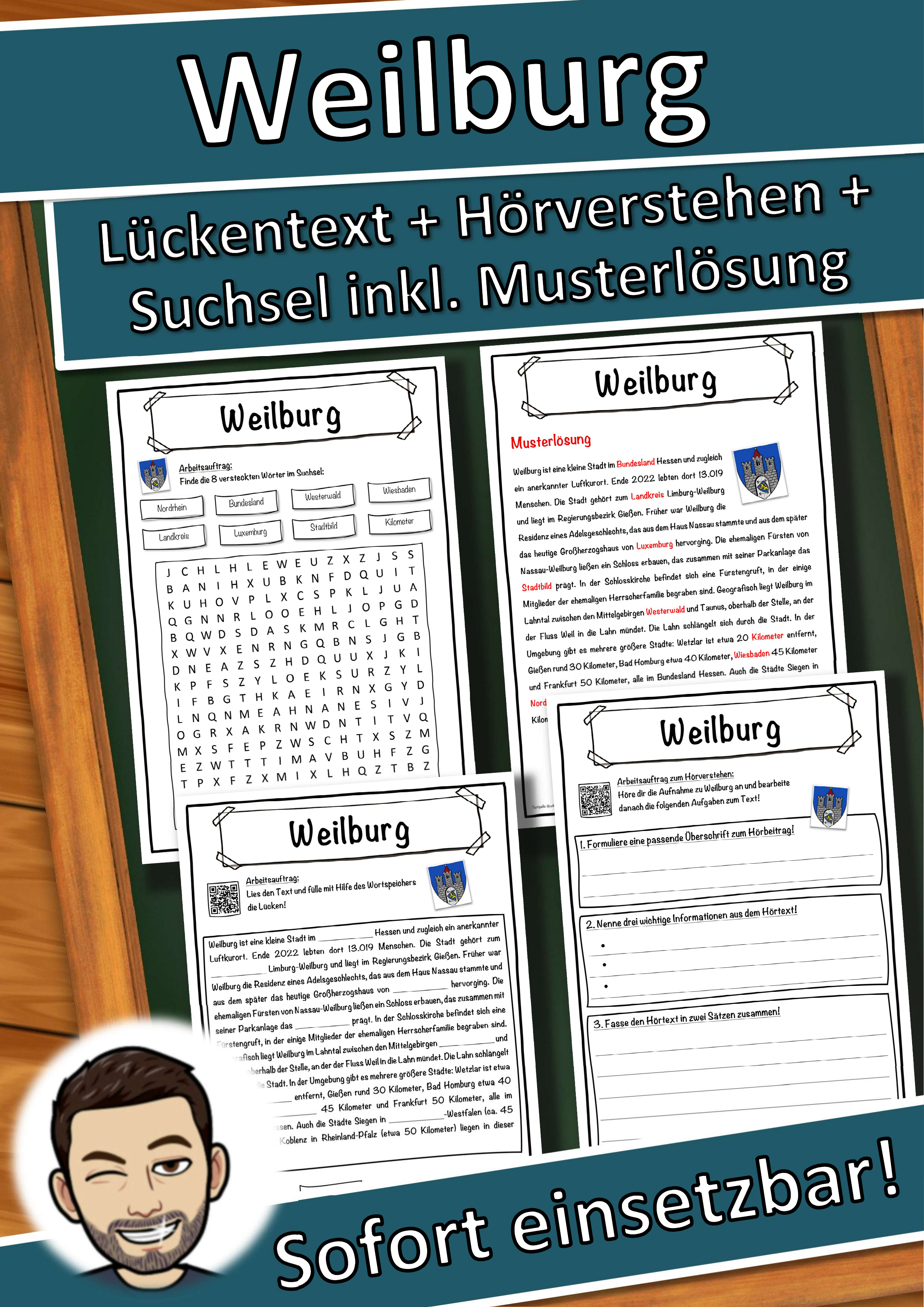 Weilburg Lückentext mit Wortspeicher Hörverstehen und Suchsel