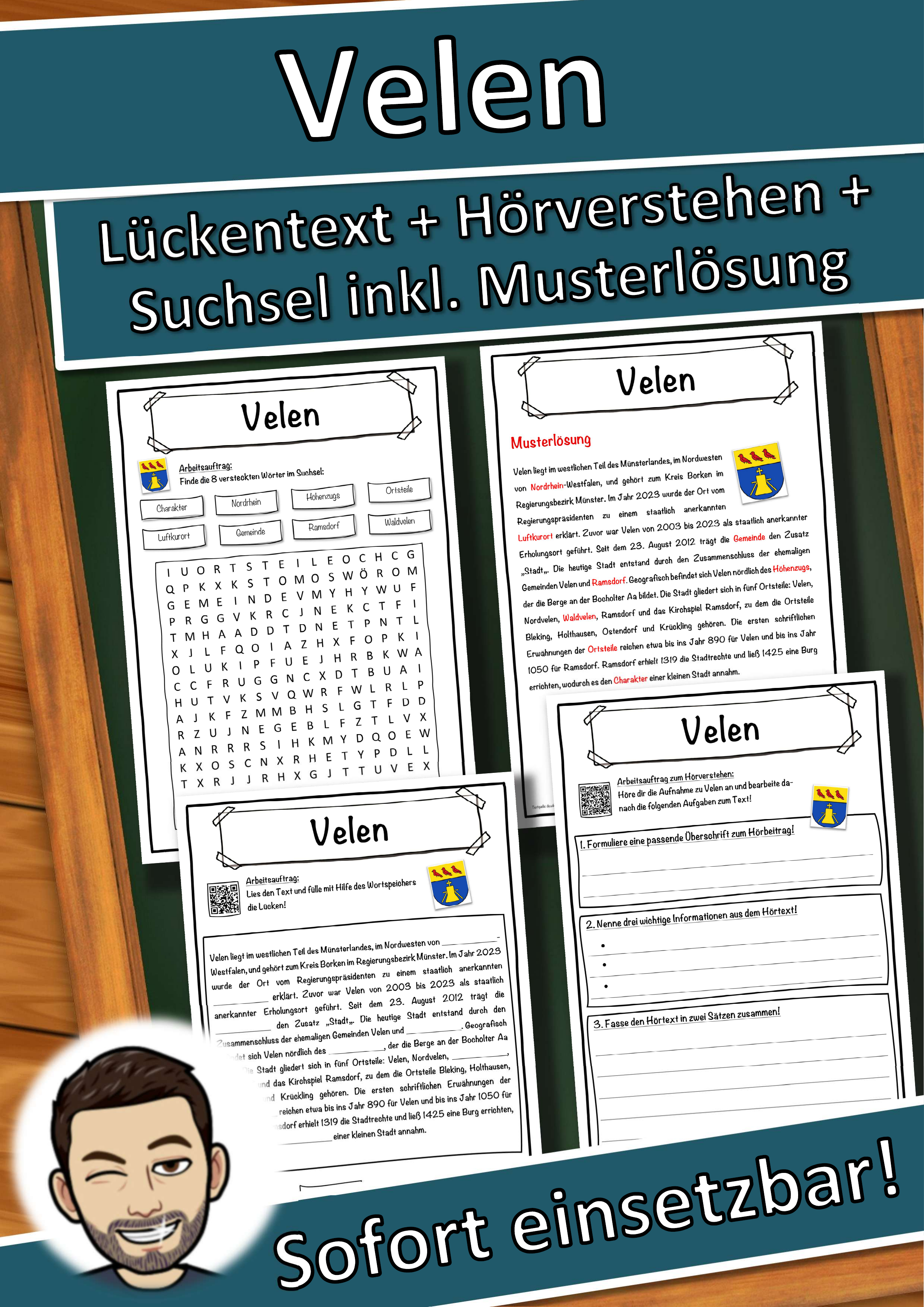Velen Lückentext mit Wortspeicher Hörverstehen und Suchsel