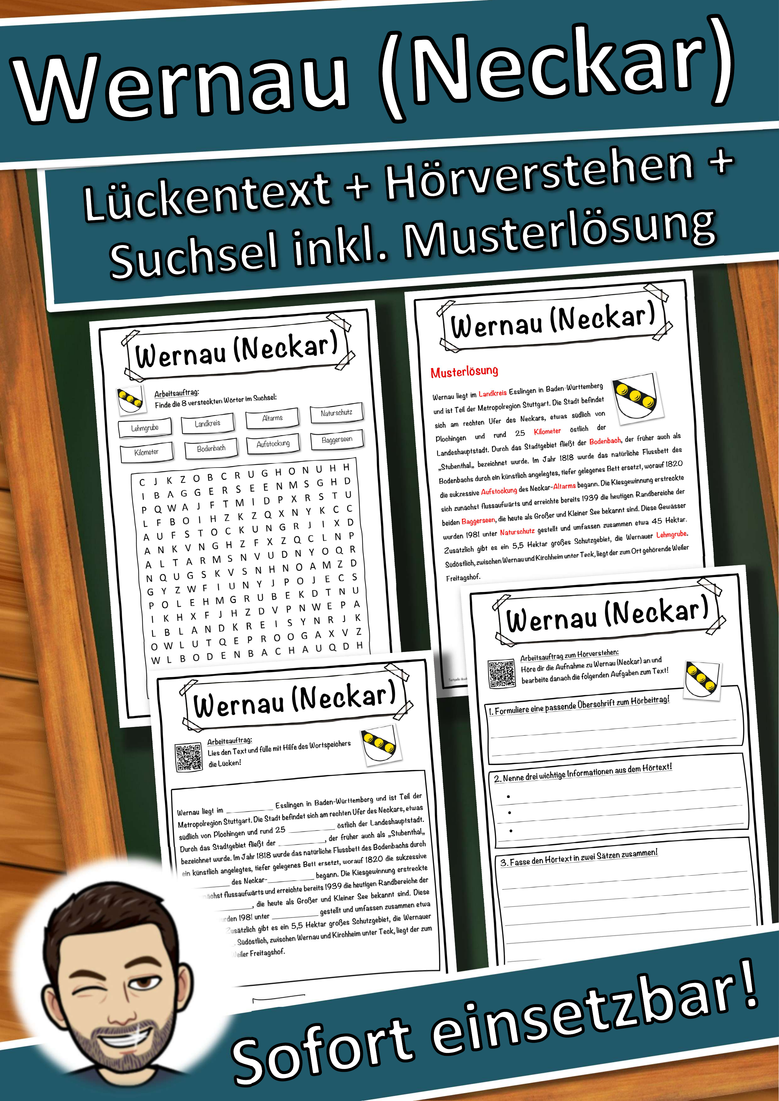 Wernau (Neckar) Lückentext mit Wortspeicher Hörverstehen und Suchsel