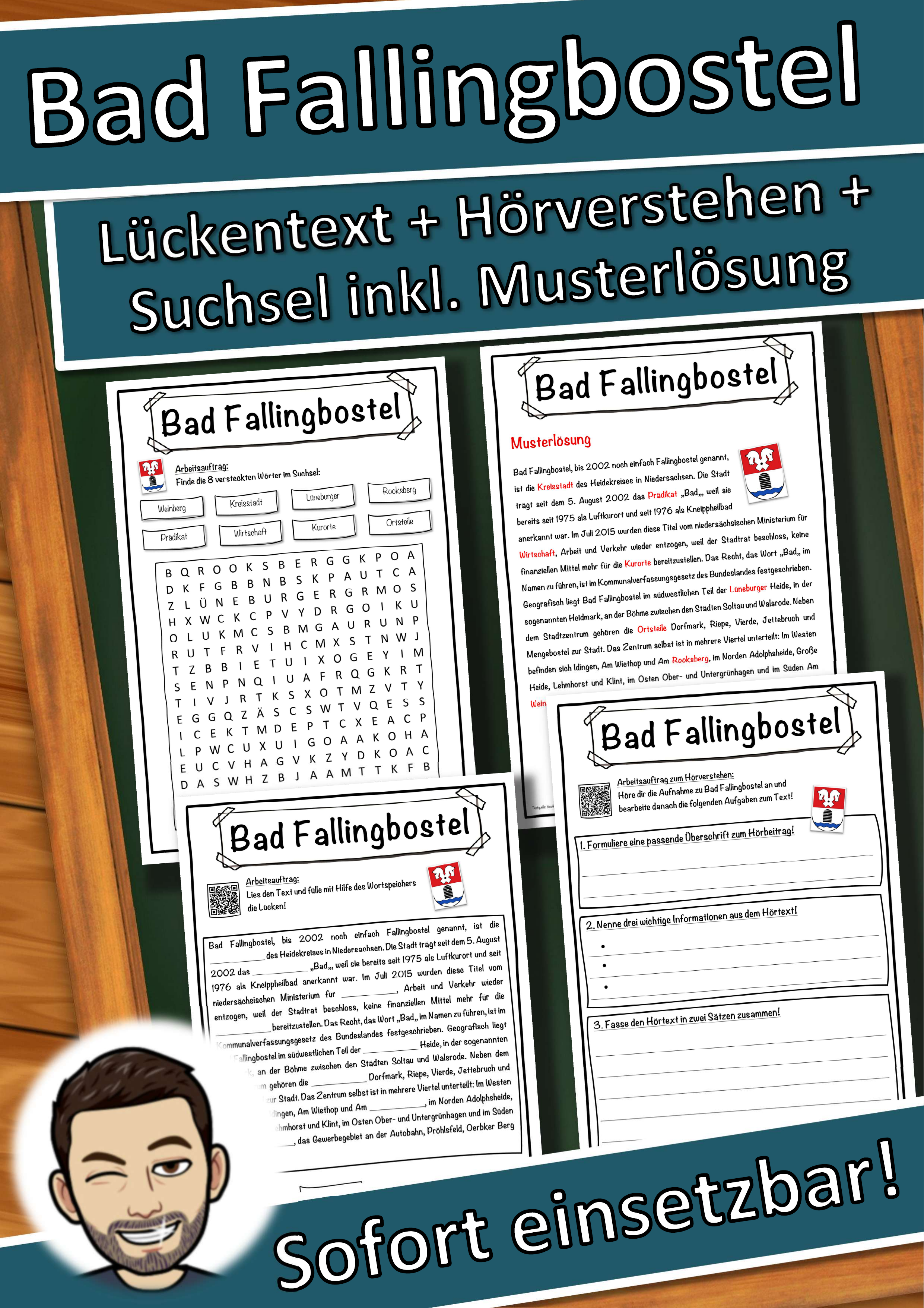 Bad Fallingbostel Lückentext mit Wortspeicher Hörverstehen und Suchsel